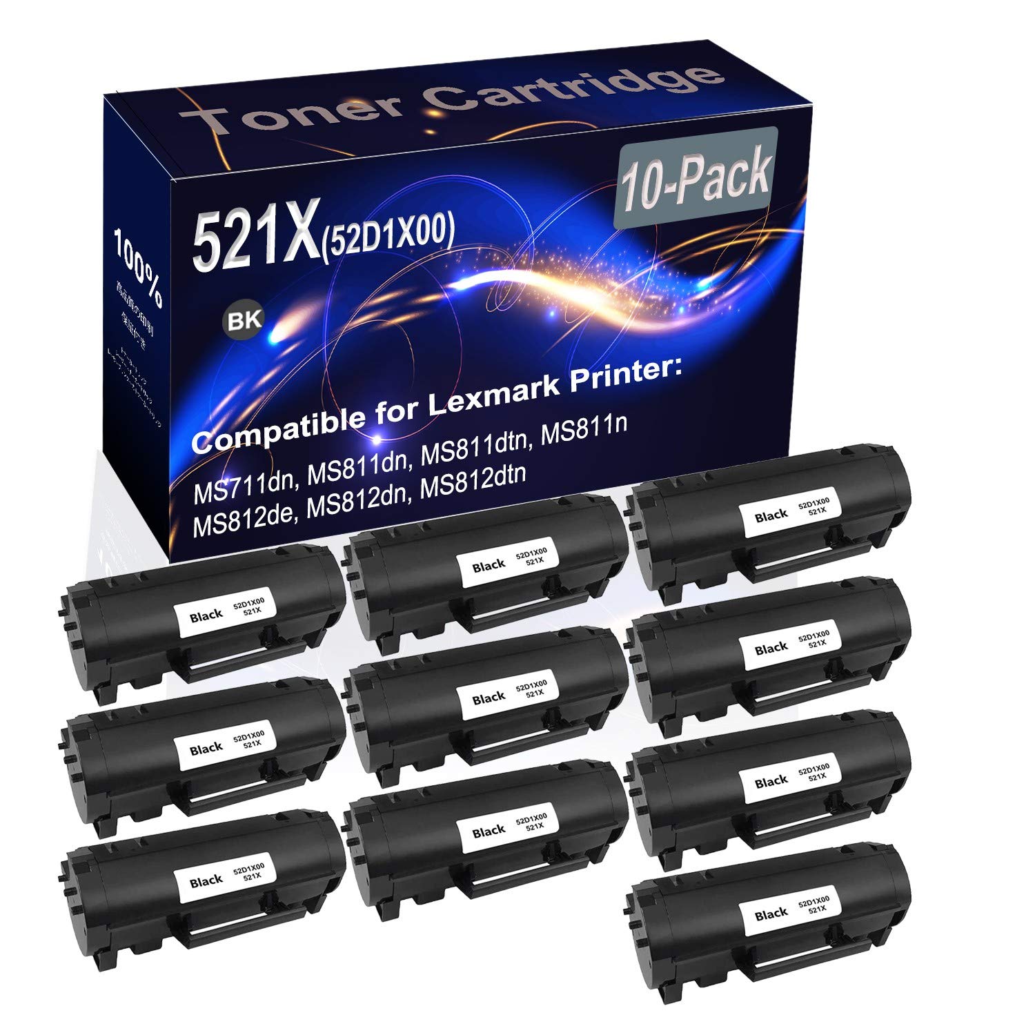 10-Pack Black High Capacity 521X/52D1X00 Compatible Toner Cartridge for HP MS711dn MS811dn MS811dtn MS811n MS812de MS812dn MS812dtn Printers - Office & Home Printing Solution