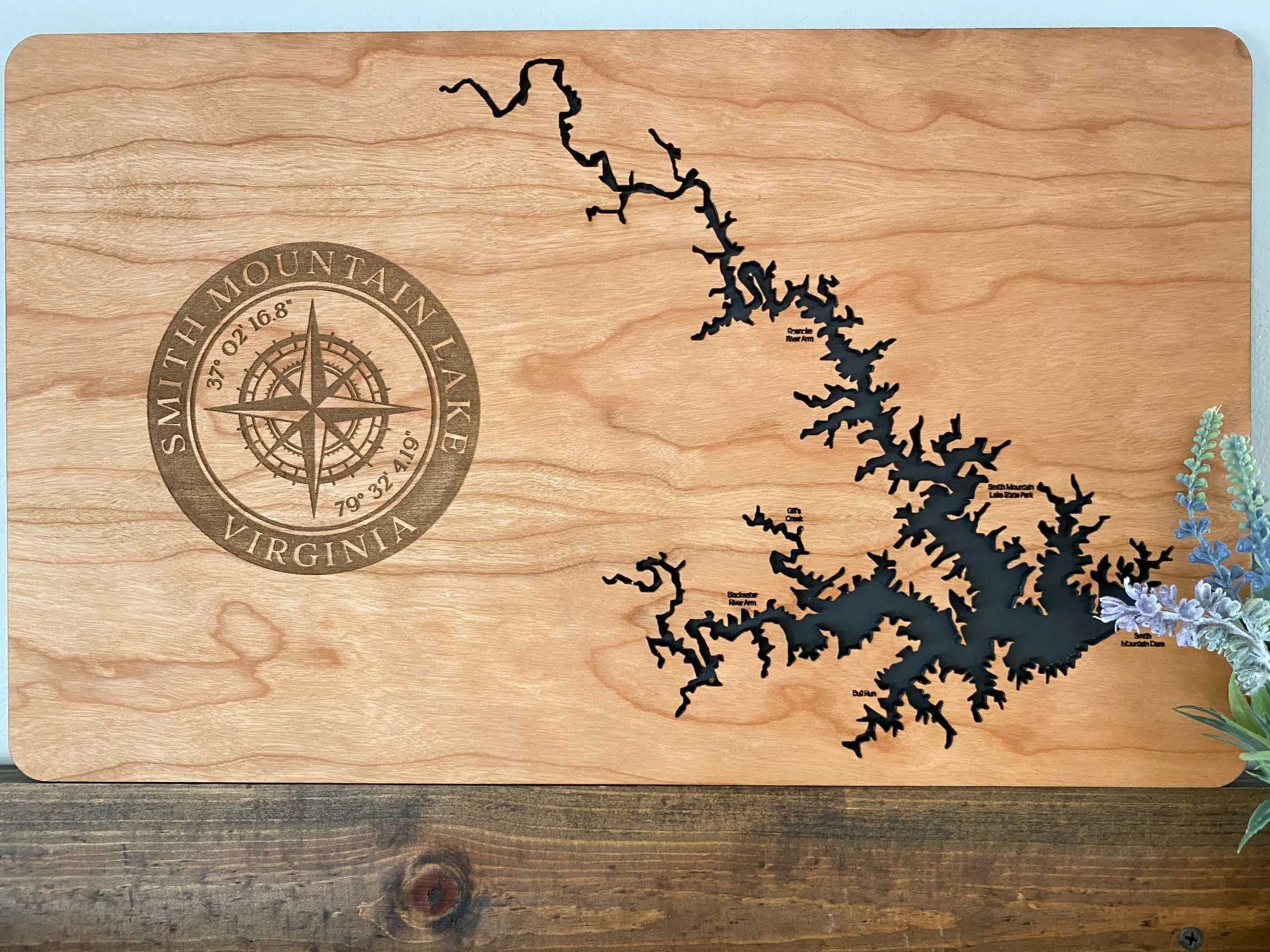 Custom Wooden Map of Smith Mountain Lake Virginia - Handcrafted Wood Wall Art - Unique Virginia Gift in Cherry Finish - Perfect for Home Decor, Office, or Cabin Wall Art
