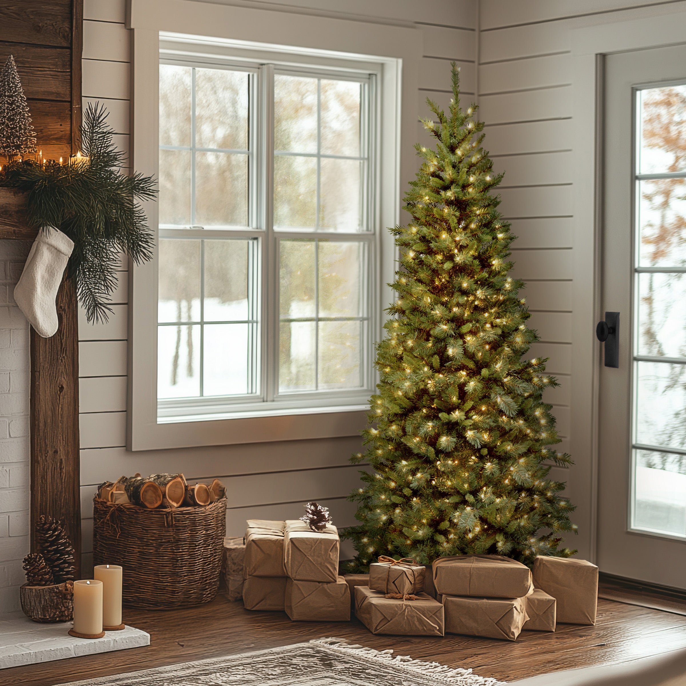 6.5 ft Pre-Lit Tiffany Fir Slim Christmas Tree with 300 Clear LED Lights & PVC Branch Tips - Perfect for Small Spaces, Apartments, and Holiday Decorations
