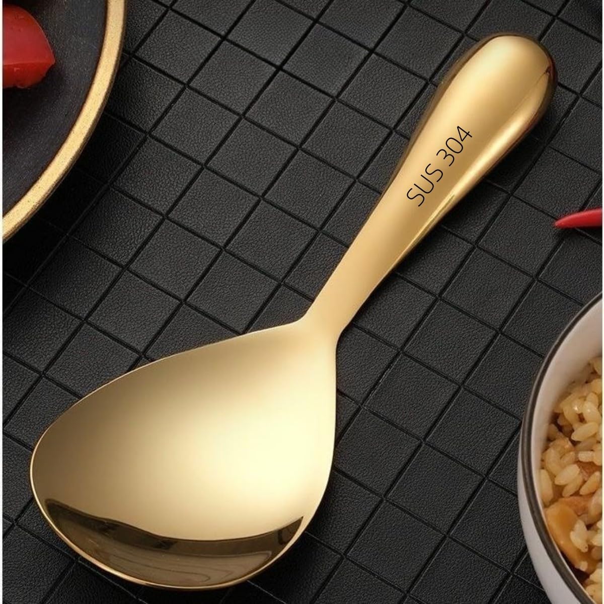 8 Inch Gold Rice Spoon - 304 Stainless Steel Rice Scooper & Paddle - Rust-Free Kitchen Utensil for Serving, Scooping & Stirring Rice - Perfect for Asian Cuisine, Buffets & Home Cooking