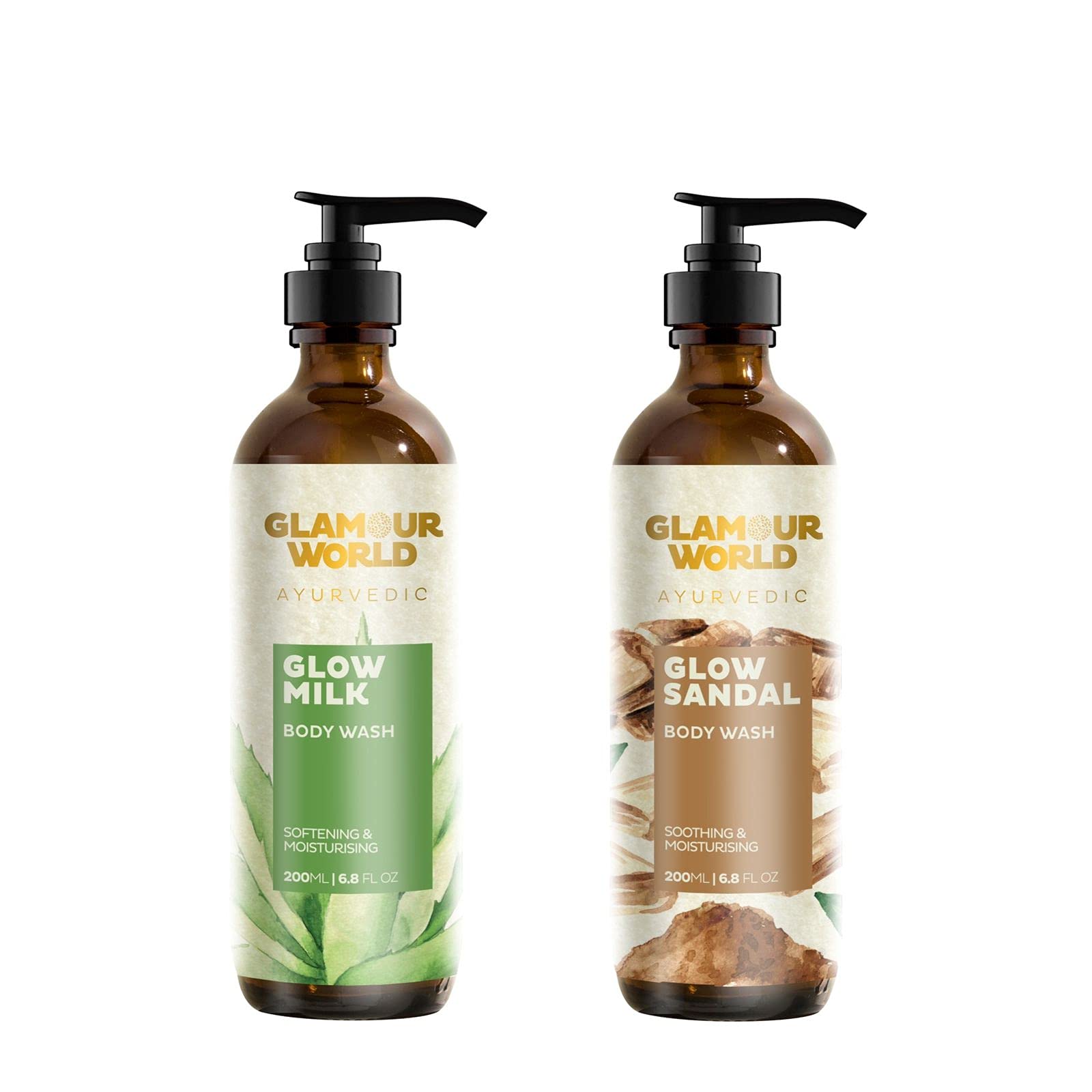 Glamour World Ayurvedic Glow Milk & Sandal Body Wash - Natural Skin Brightening & Hydrating Shower Gel for Radiant Complexion | Perfect for Daily Use & Spa-Like Bath Experience