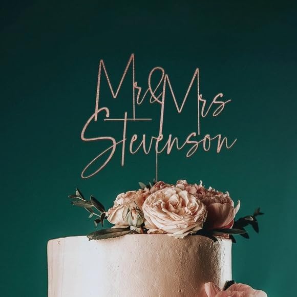 Personalized Mr and Mrs Cake Topper - Gold/Silver/Black Custom Name Wedding Cake Decorations - Wooden Cake Topper for Anniversary, Bridal Shower & Wedding Cakes - CT04