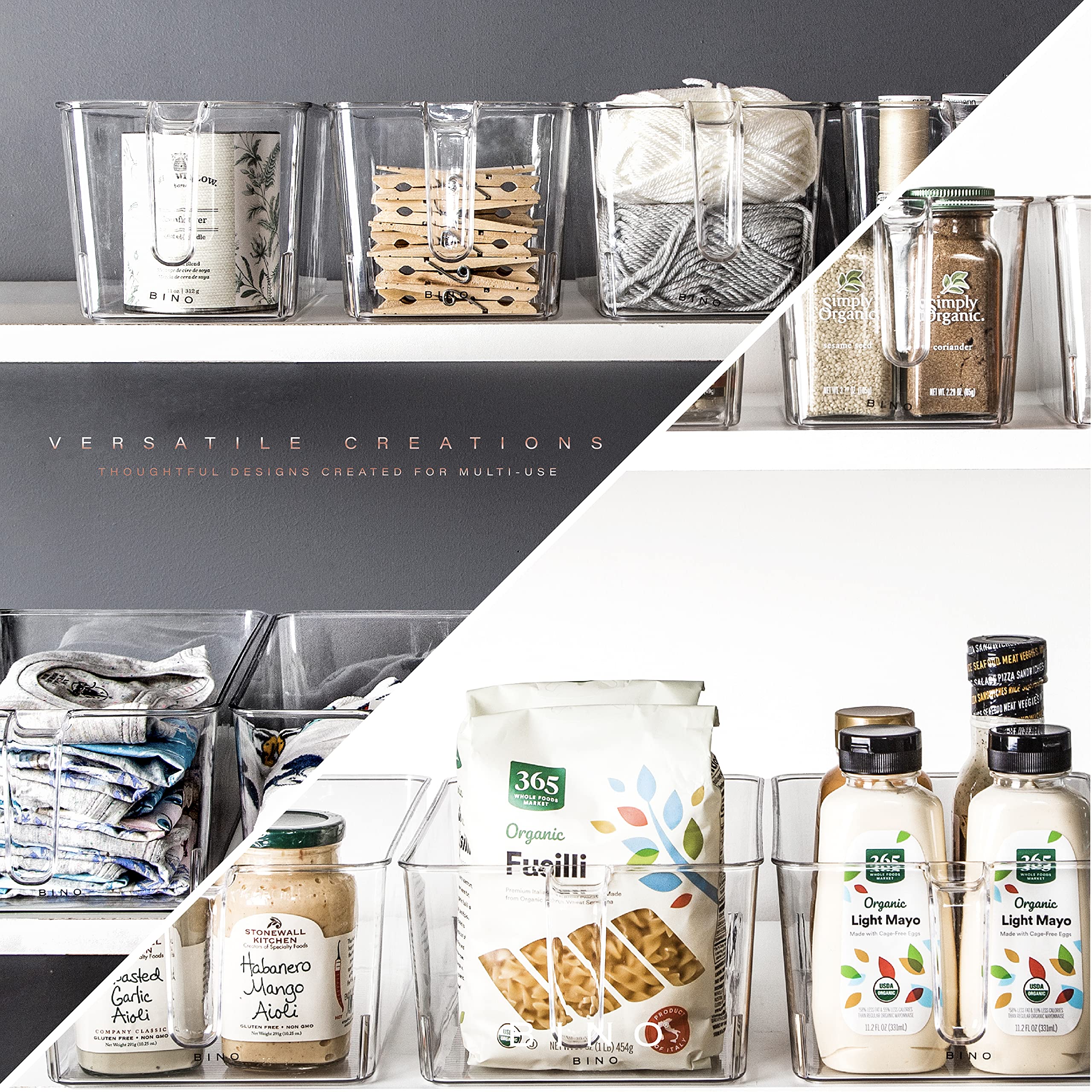 BINO Clear Storage Organizer with Built-in Handles - Stackable Plastic Bins for Pantry, Fridge & Cabinet Organization | THE HOLDER COLLECTION | Large Kitchen Storage Containers for Food, Snacks & Household Items