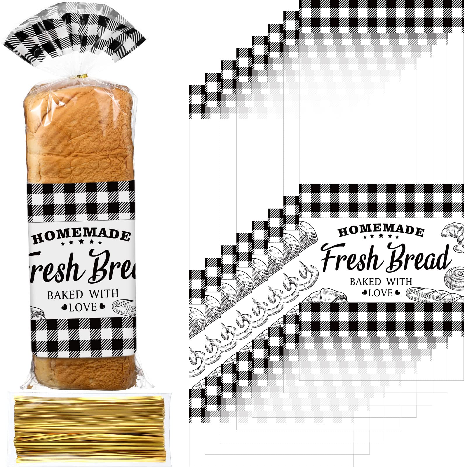 100 Pack Clear Plastic Bread Bags with Twist Ties - Buffalo Plaid Design for Homemade Bread, Cookies, Rolls - Perfect for Home Bakers & Bakeries | Christmas Baking, Gift Packaging, Food Storage