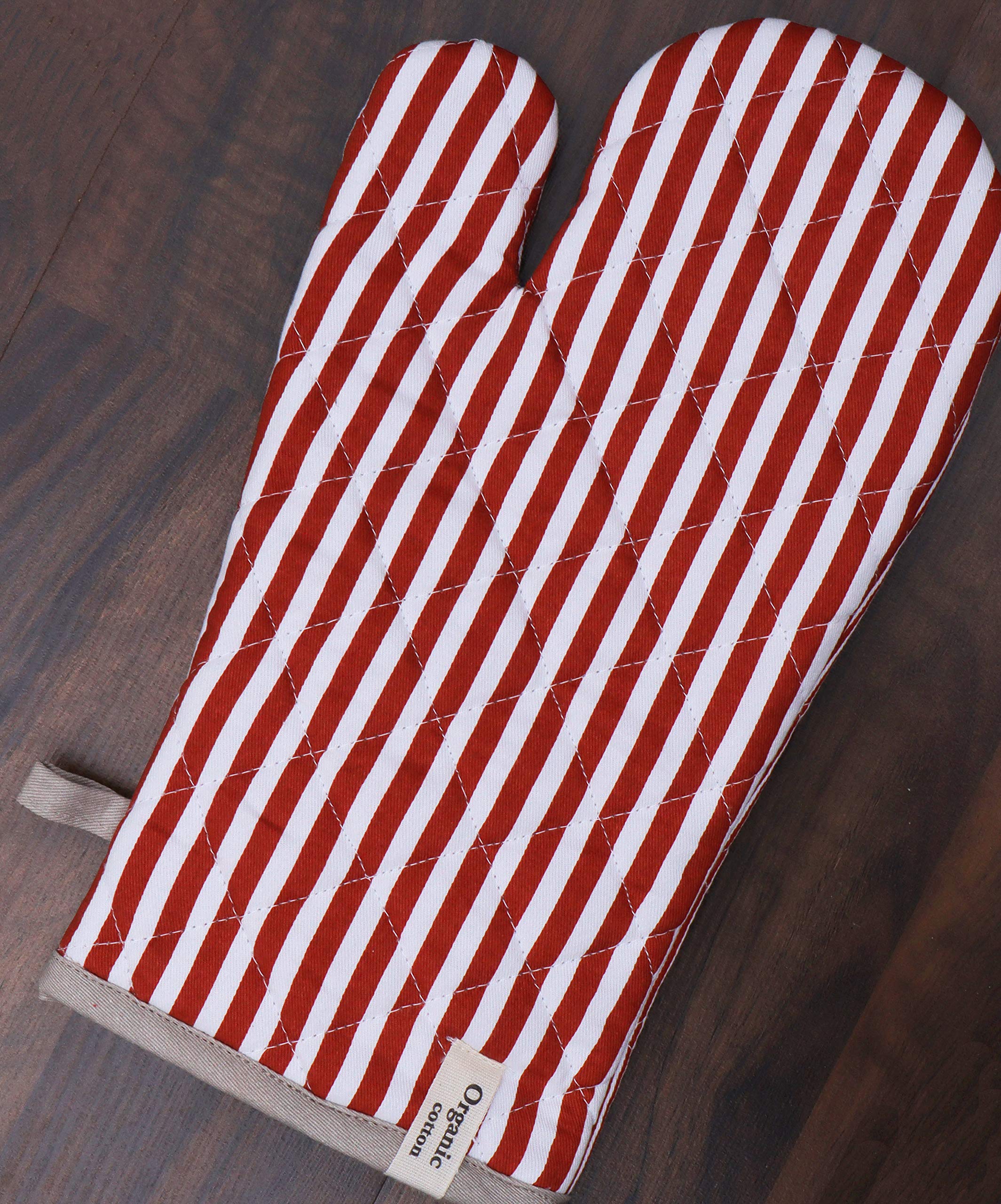 AMOUR INFINI Striped Heat Resistant Oven Mitt & Pot Holder Set - Non-Slip, Reusable Kitchen Gloves for Cooking, Baking & Grilling (Rust Color) - Perfect for Holiday Meals & BBQ Parties