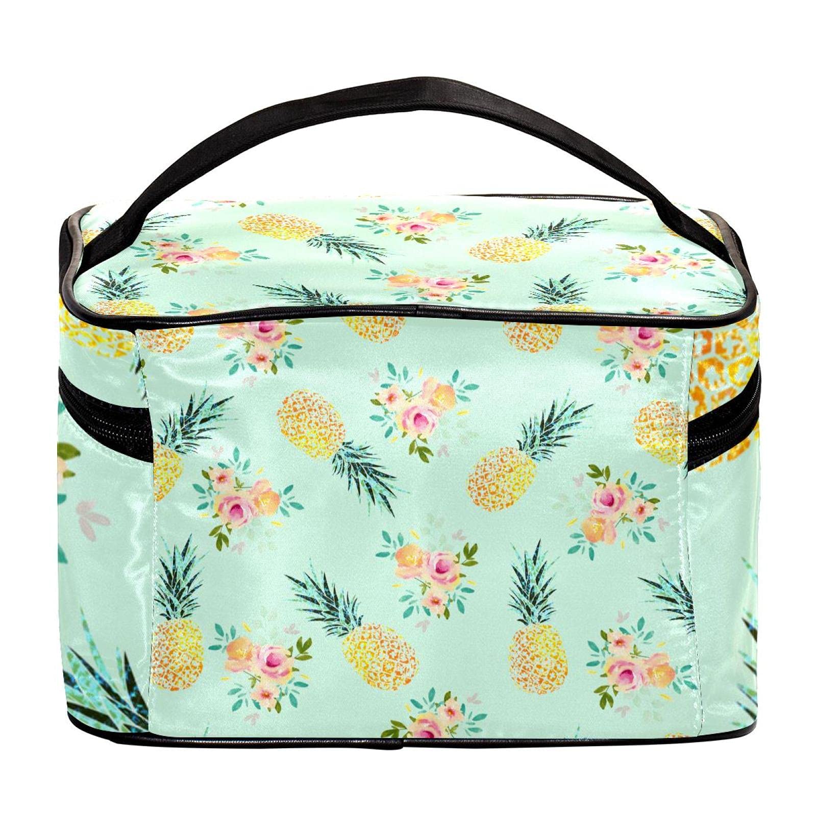 Stylish Watercolor Flowers & Pineapple Green Pattern Travel Makeup Bag - Large Cosmetic Organizer with Zipper for Women & Girls | Perfect for Vacation, Gym & Daily Essentials Storage