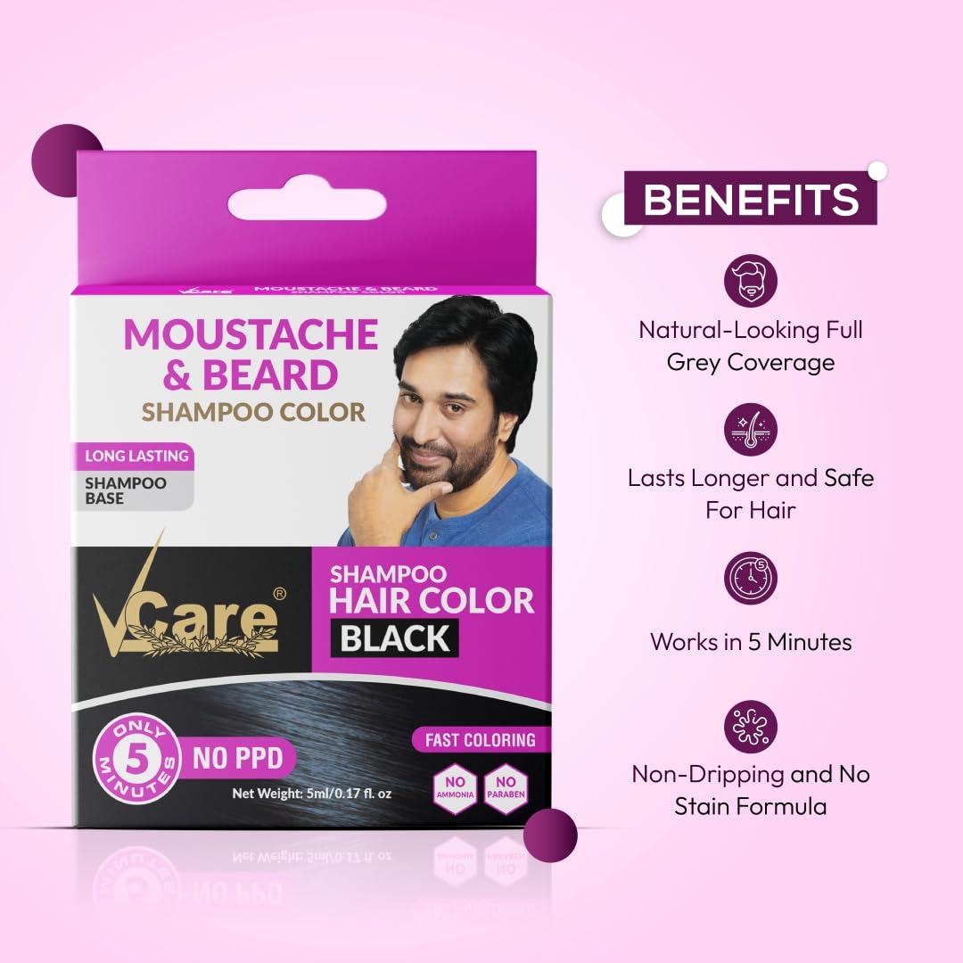 VCare Moustache & Beard Color Shampoo for Men - Natural Black Hair Dye Conditioner | Ammonia-Free, Paraben-Free, PPD-Free | 5ml (Pack of 10) | Perfect for At-Home Grooming & Touch-Ups