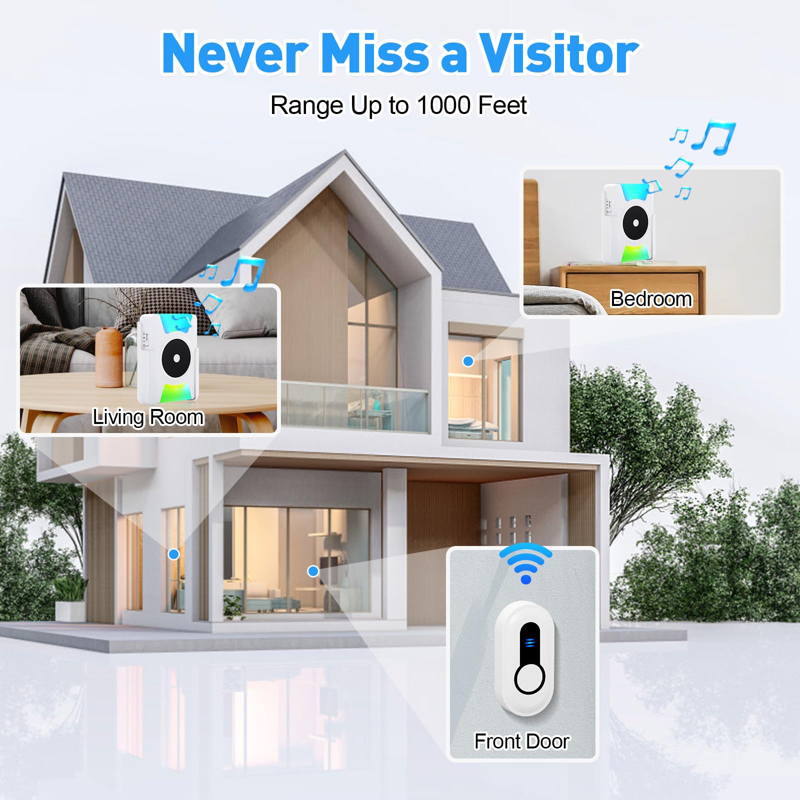 Wireless Doorbell with Vibrating Alert & LED Flashing - Battery Operated Door Chime Kit for Home, Hearing Impaired - 4 Working Modes & 5 Volume Levels - Perfect for Apartments, Offices & Elderly Care