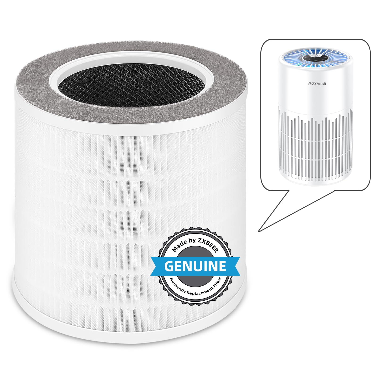 ZXBEER H13 True HEPA Filter Replacement for ZXA101 Air Purifier - 3-Stage 360° Filtration System, 3-in-1 High Efficiency Air Cleaner - Perfect for Home, Office, and Allergy Relief