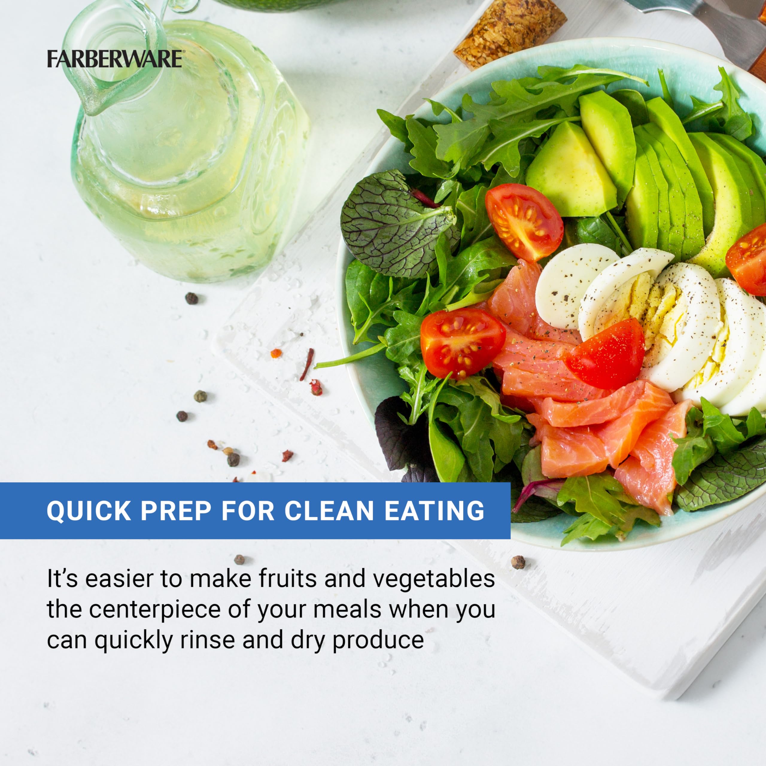 Farberware 6.6 Quart Salad Spinner with Bowl & Colander - Built-in Draining System for Fresh Crisp Vegetables - Perfect for Kitchen, Meal Prep & Healthy Eating - Green