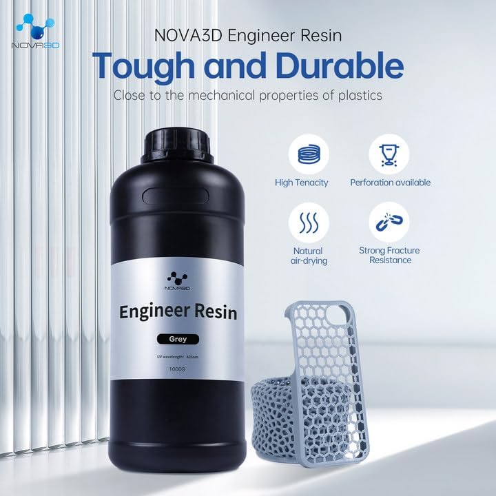 NOVA3D ABS-Like 3D Printer Resin - High Precision Engineering Photopolymer Resin for LCD 3D Printing | Fast Curing 405nm, Low Shrinkage, Non-Brittle & Tappable | 1000g White Resin for Detailed Models, Functional Parts & Prototyping | Perfect for Cosplay Props, Miniatures & Industrial Applications