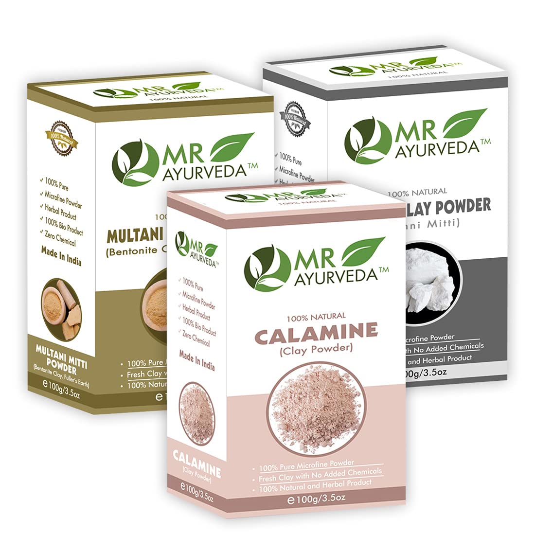 MR Ayurveda Calamine Clay Powder, Multani Mitti Powder & Kaolin Clay Powder - 3-Piece Skincare Set (100g Each) for Face Mask, Acne Treatment & Natural Skin Detox