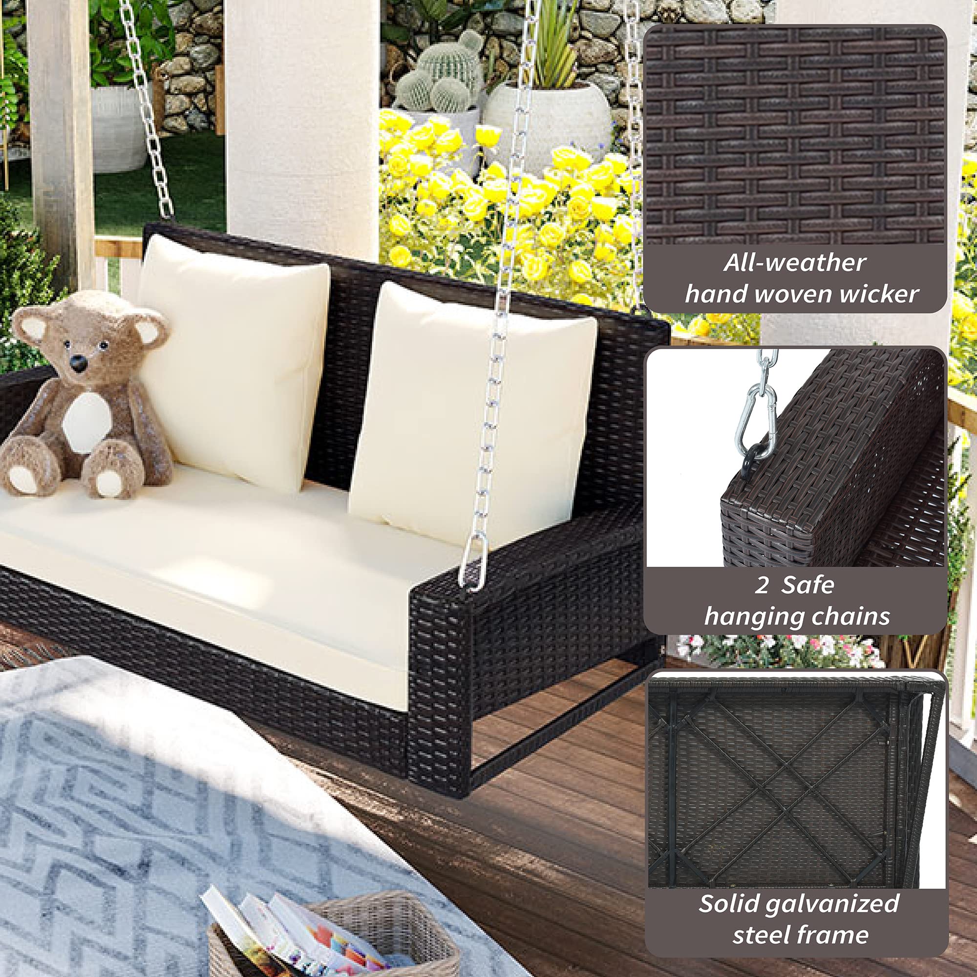 Polibi 2-Seat Rattan Swing Bench with Chains & Cushion - Outdoor Porch Swing for Garden, Backyard, Patio, Pond - Brown Wicker with White Pillow - Perfect for Relaxing, Lounging & Enjoying Nature