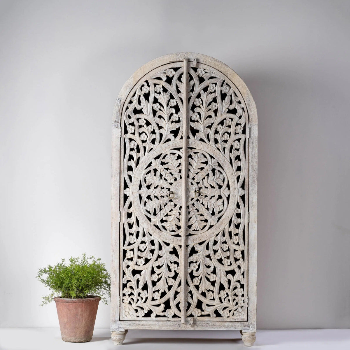 Hand Carved Wooden Armoire Closet - White Finish Vintage Indian Furniture for Bedroom & Living Room Storage