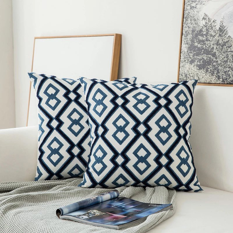 Blue Embroidered Cushion Cover - Bohemian Home Decor Pillow Case for Sofa, Bed & Living Room - Perfect for Christmas, Wedding & Housewarming Gifts