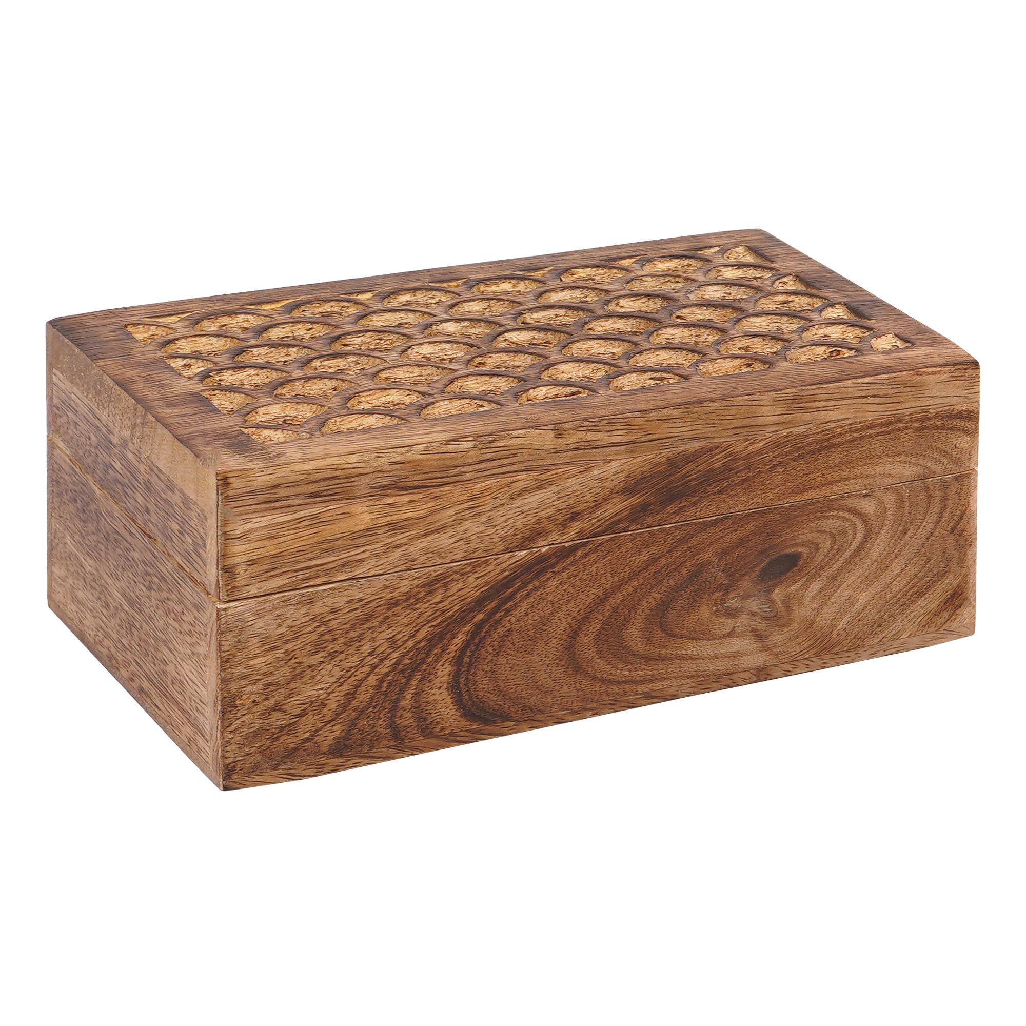 Handmade Carved Scallop Mango Wood Box with Lid - Medium Burnt Finish Decorative Storage Box - 7.5” x 4.5” x 3” - Perfect for Memory Keepsakes, Jewelry, Photos & Home Decor