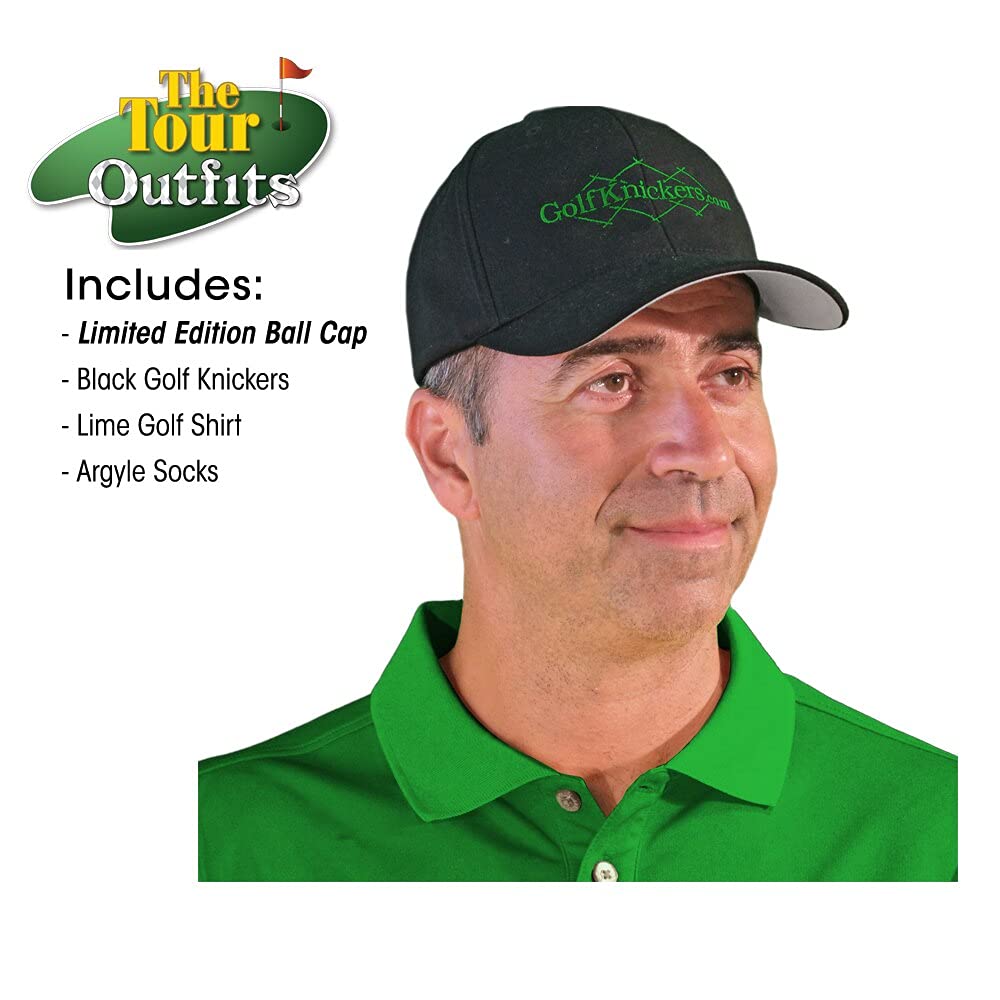 Men's Stylish Black Microfiber Outfit Set - Limited Edition Ball Cap, Over-The-Calf Argyle Socks & Lime Golf Shirt | Perfect for Golfing, Casual Wear & Outdoor Activities