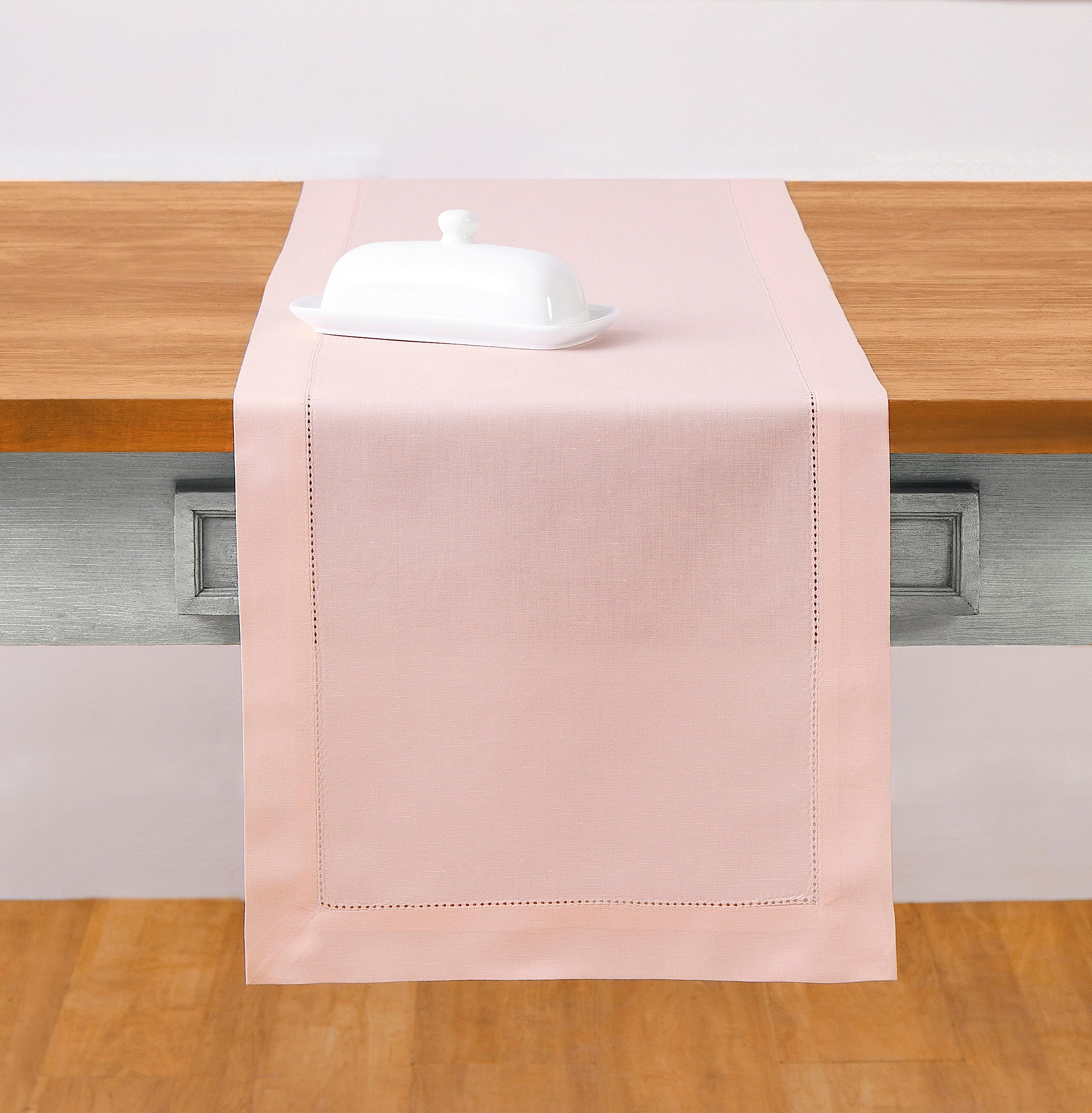 Solino Home Pink Cotton Linen Hemstitch Table Runner - 14 x 36 Inch Easter Table Decor for Dining, Coffee & Dresser Tables - Perfect for Spring Celebrations & Home Decor