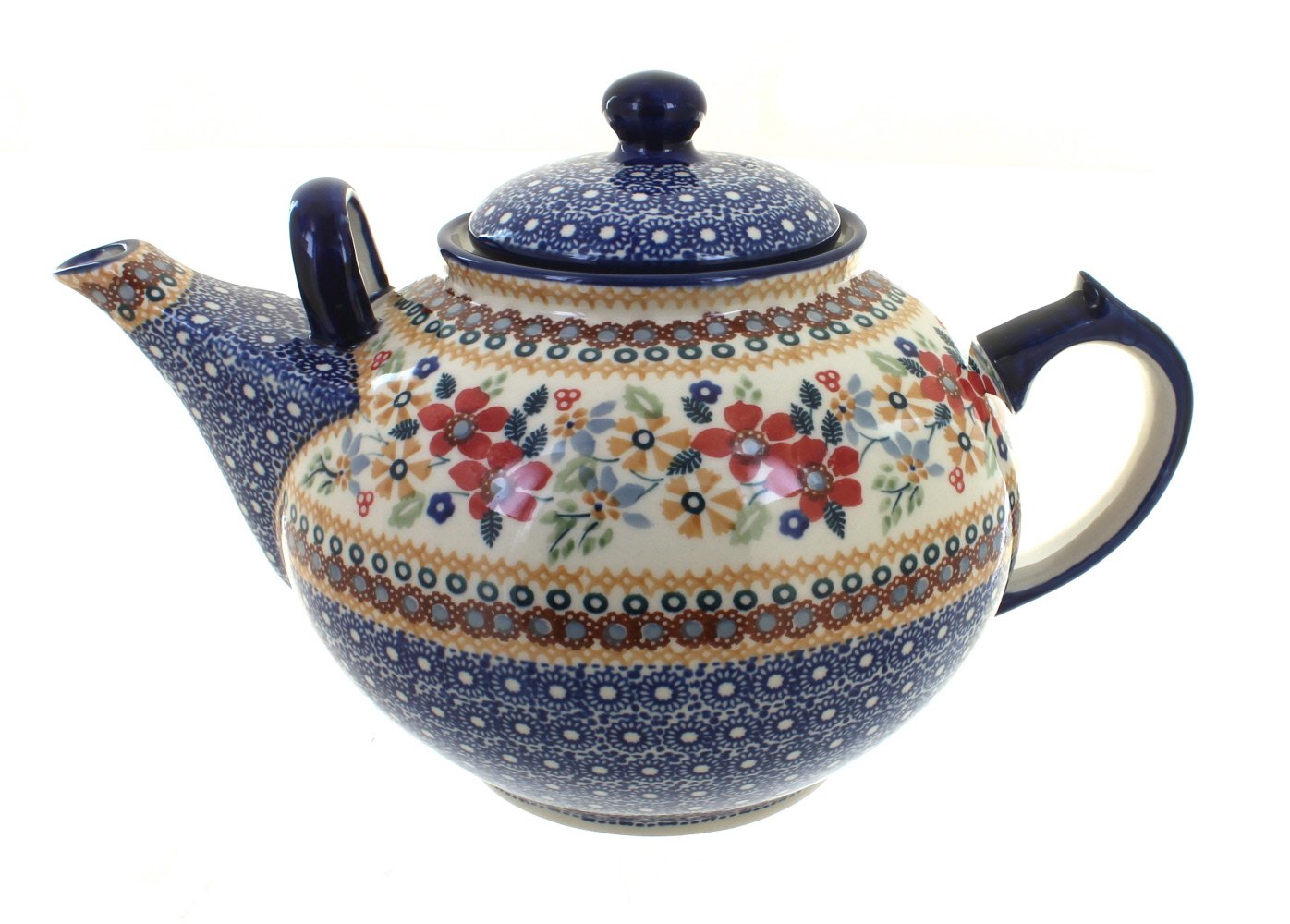 Handmade Blue Rose Polish Pottery Teapot with Red Daisy Design - Large 40oz Ceramic Tea Pot for Home Decor, Afternoon Tea & Gift Giving