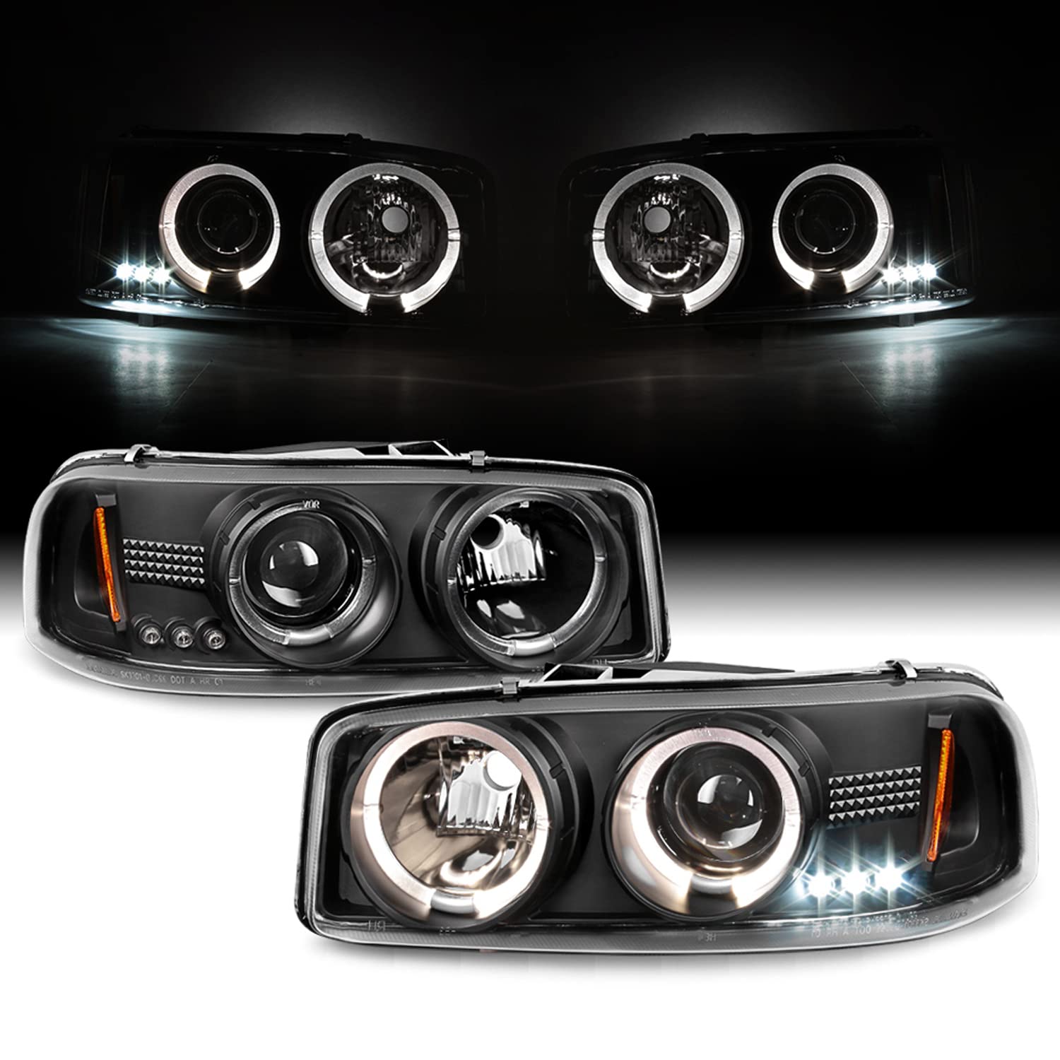 AKKON LED Projector Headlights for GMC Sierra/Yukon/Denali - Black Halo Ring Replacement Headlamps (Left & Right) - Upgrade Your Truck Lighting for Night Driving & Off-Road Adventures