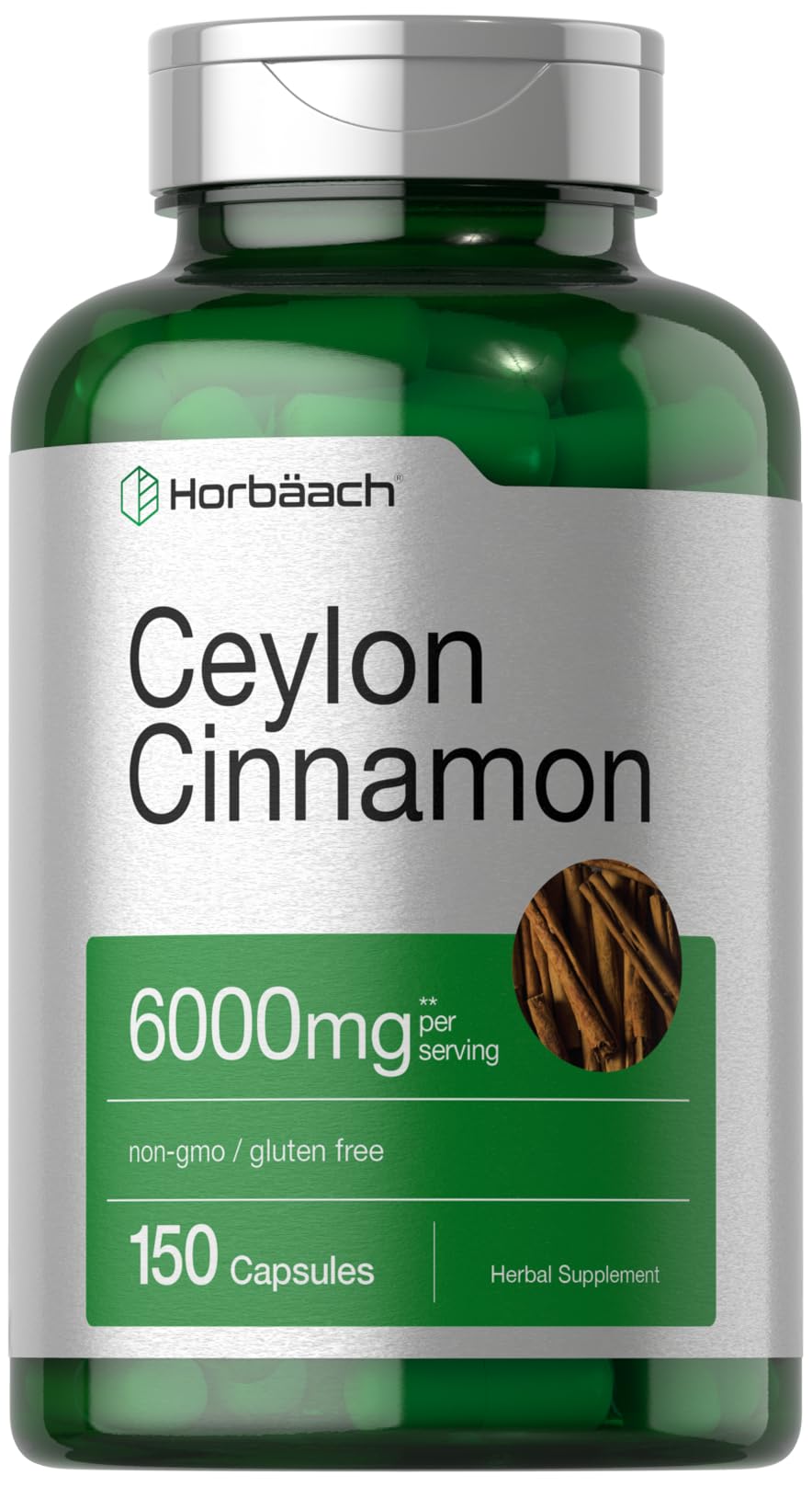 Horbaach Ceylon Cinnamon Capsules 6000mg | 150 Count | Non-GMO, Gluten Free Supplement | Supports Blood Sugar & Metabolism | Perfect for Daily Wellness Routine