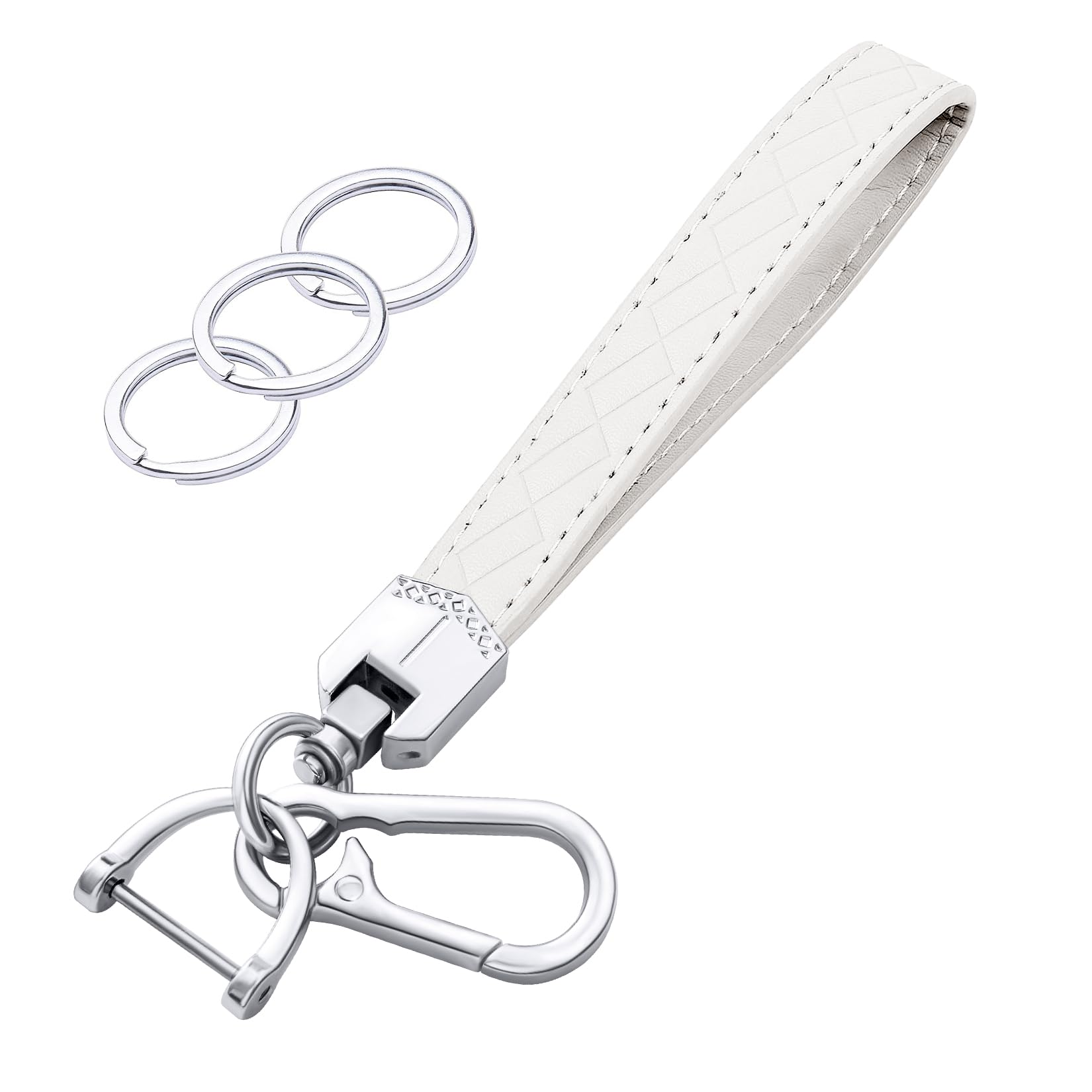 Premium Leather Wristlet Keychain - 3 Key Rings & Anti-Lost D-Ring for Car Keys, House Keys & Office Keys (White Silver) | Perfect for Everyday Carry, Travel & Organization