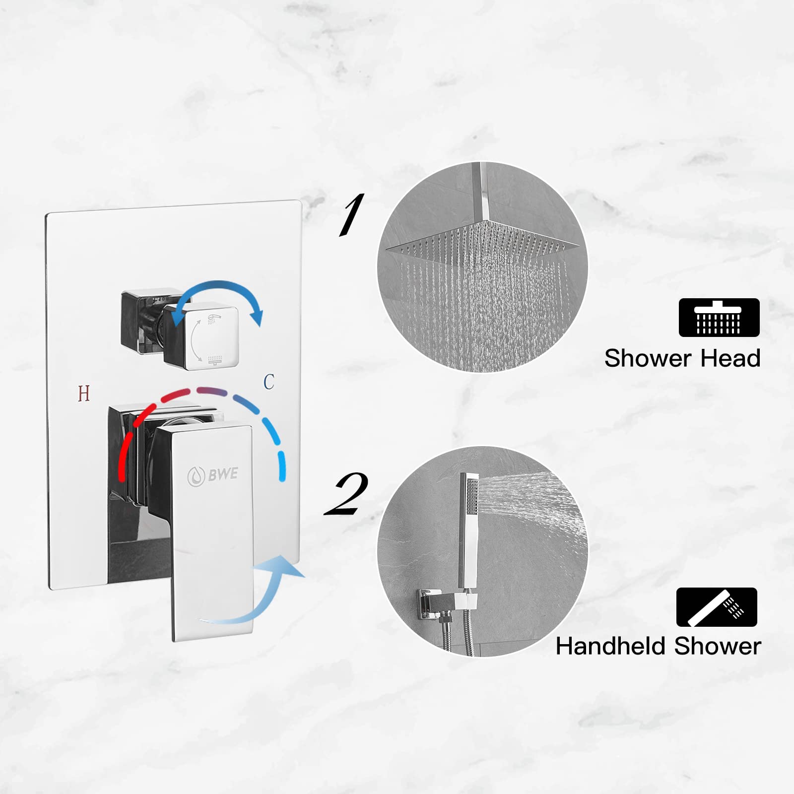 BWE 16 Inch Ceiling Mounted Luxury Shower System - Chrome Rainfall Shower Head with Handheld Spray, Modern Bathroom Mixer Combo Set (Includes Rough-in Valve Body & Trim) - Perfect for Spa-Like Showers and Contemporary Bathroom Upgrades