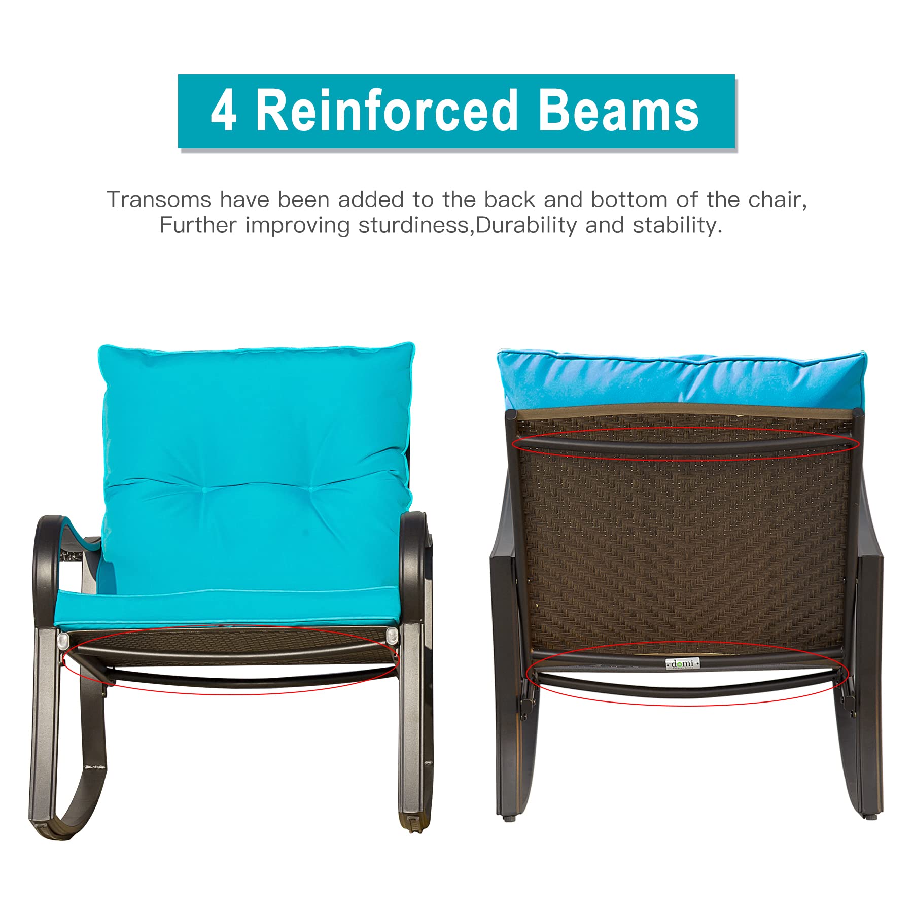 Domi 3-Piece Patio Rocking Chair Set - Outdoor Bistro Conversation Chairs with Glass Coffee Table - Blue Iron Furniture for Porch, Balcony, Poolside & Lawn (Curved Armrest) - Perfect for Relaxing, Entertaining & Enjoying Outdoor Spaces
