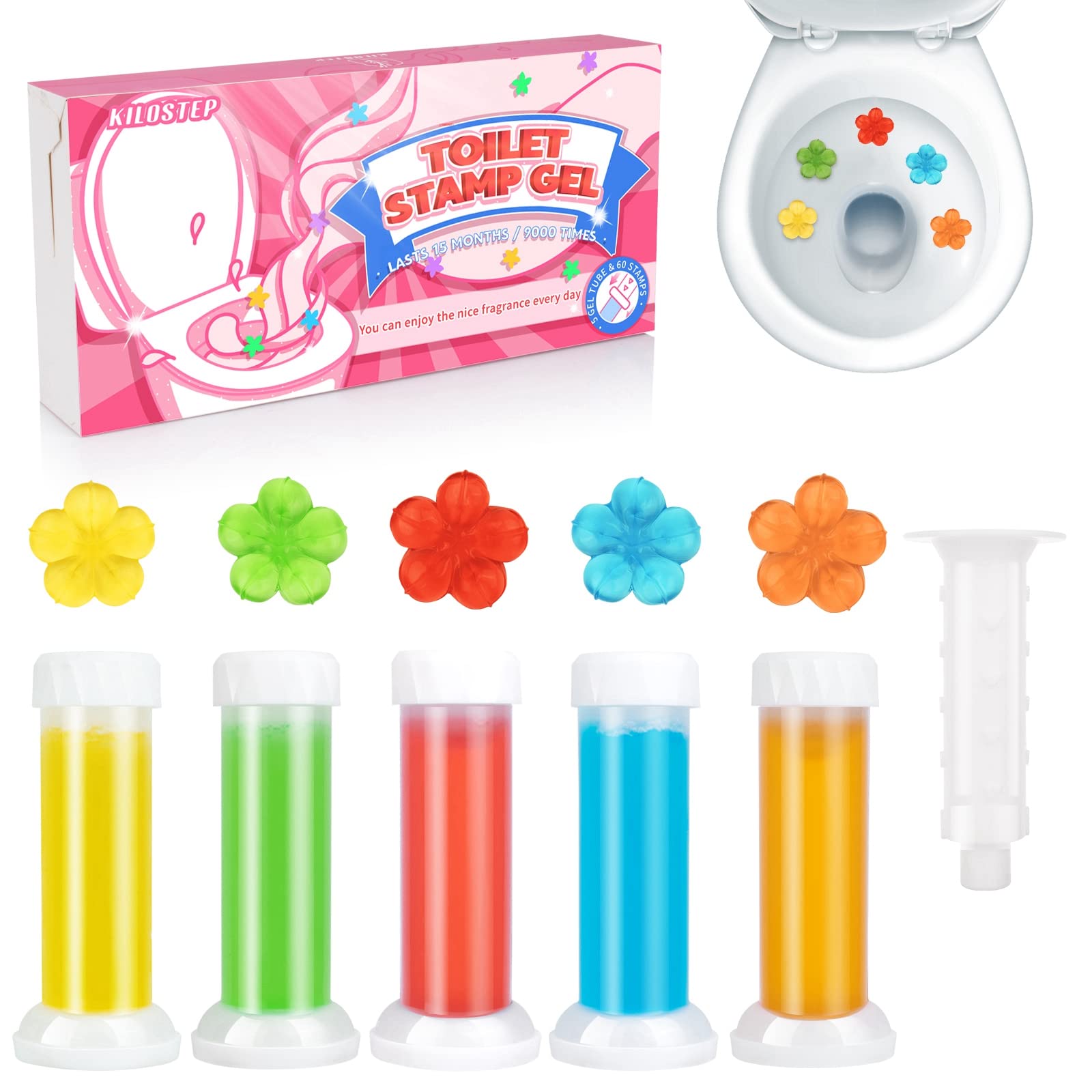 Flower Toilet Gel Stamp - 60 Count Fragrant Toilet Bowl Cleaner with 5 Refreshing Scents | Bathroom Cleaning Supplies for Home, Hotel & Office Use