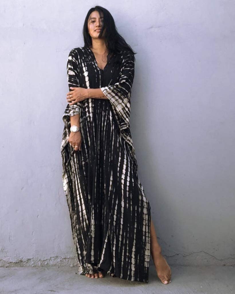 RanRui Women's Plus Size Kaftan Dresses - Striped Print Tie-Dye V-Neck Flowy Maxi Dress for Beach, Vacation & Summer Outfits | Boho Chic Loungewear & Cover-Up