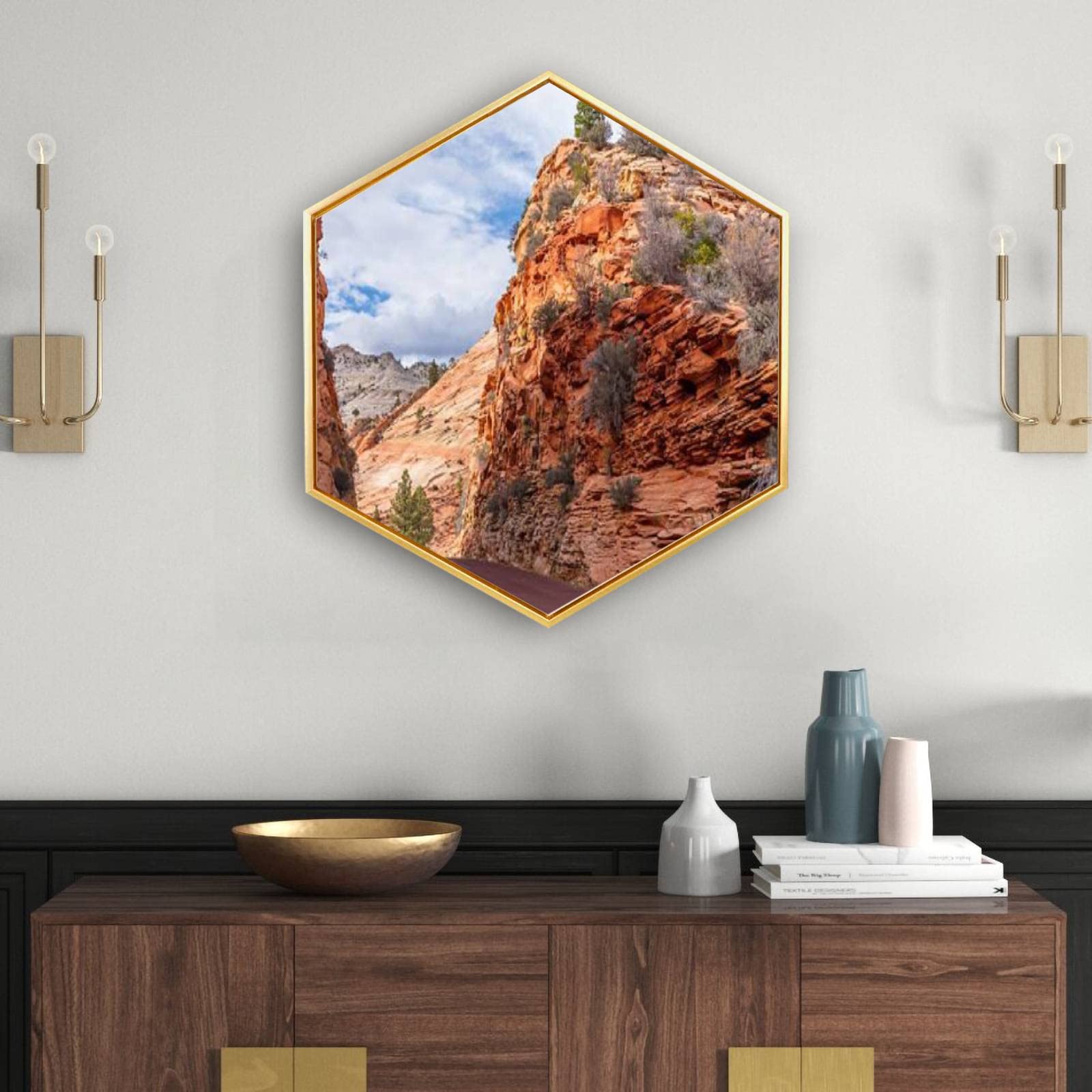 Golden Framed Zion National Park Wall Art - Hexagon Canvas Print of Mount Carmel Highway Scenery, Minimalist Modern Giclee Artwork for Home & Office Decor | Perfect for Living Room, Bedroom or Workspace