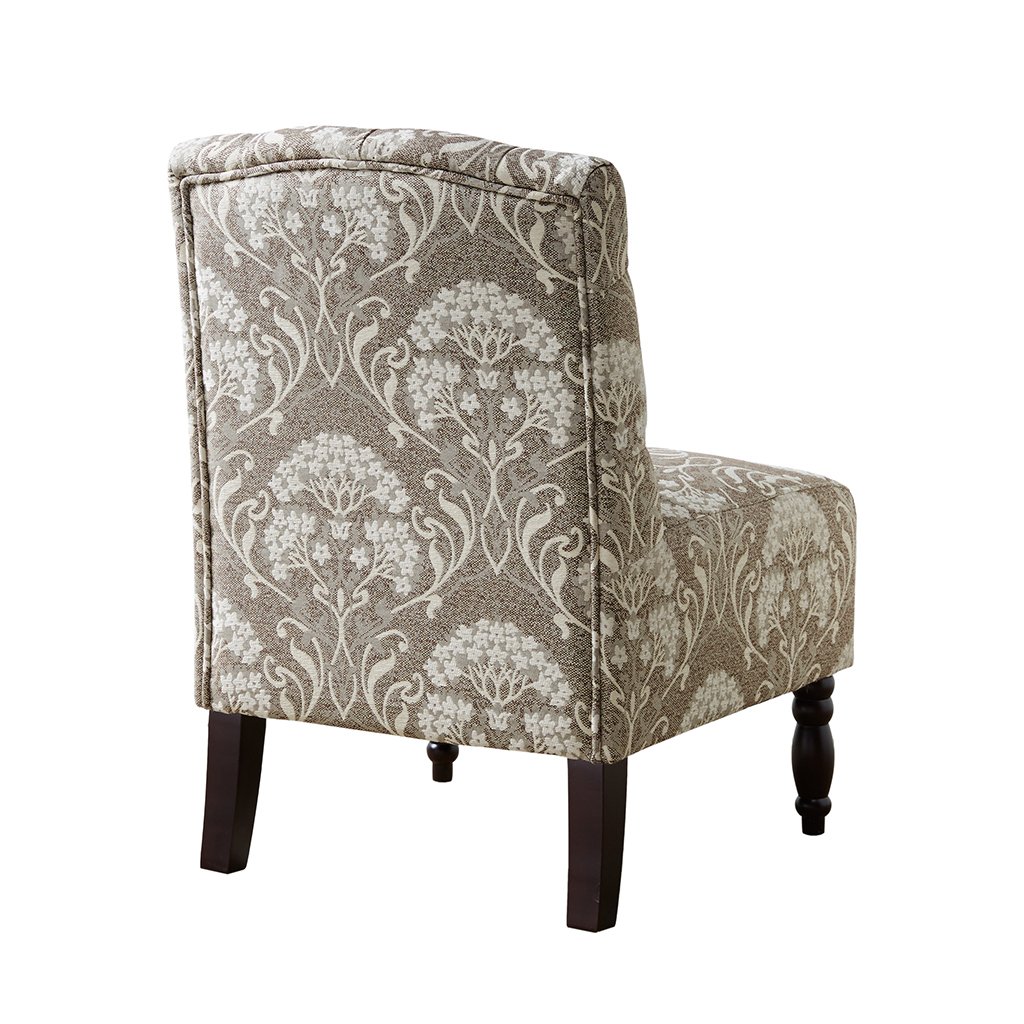 Madison Park Lola Accent Chair - Solid Birch Wood Frame with Tufted Fabric Upholstery in Taupe, Ivory & Damask Pattern - Elegant Armless Living Room & Bedroom Seating for Home Décor - Classic Button-Tufted Design for Sofa Companion or Reading Nook