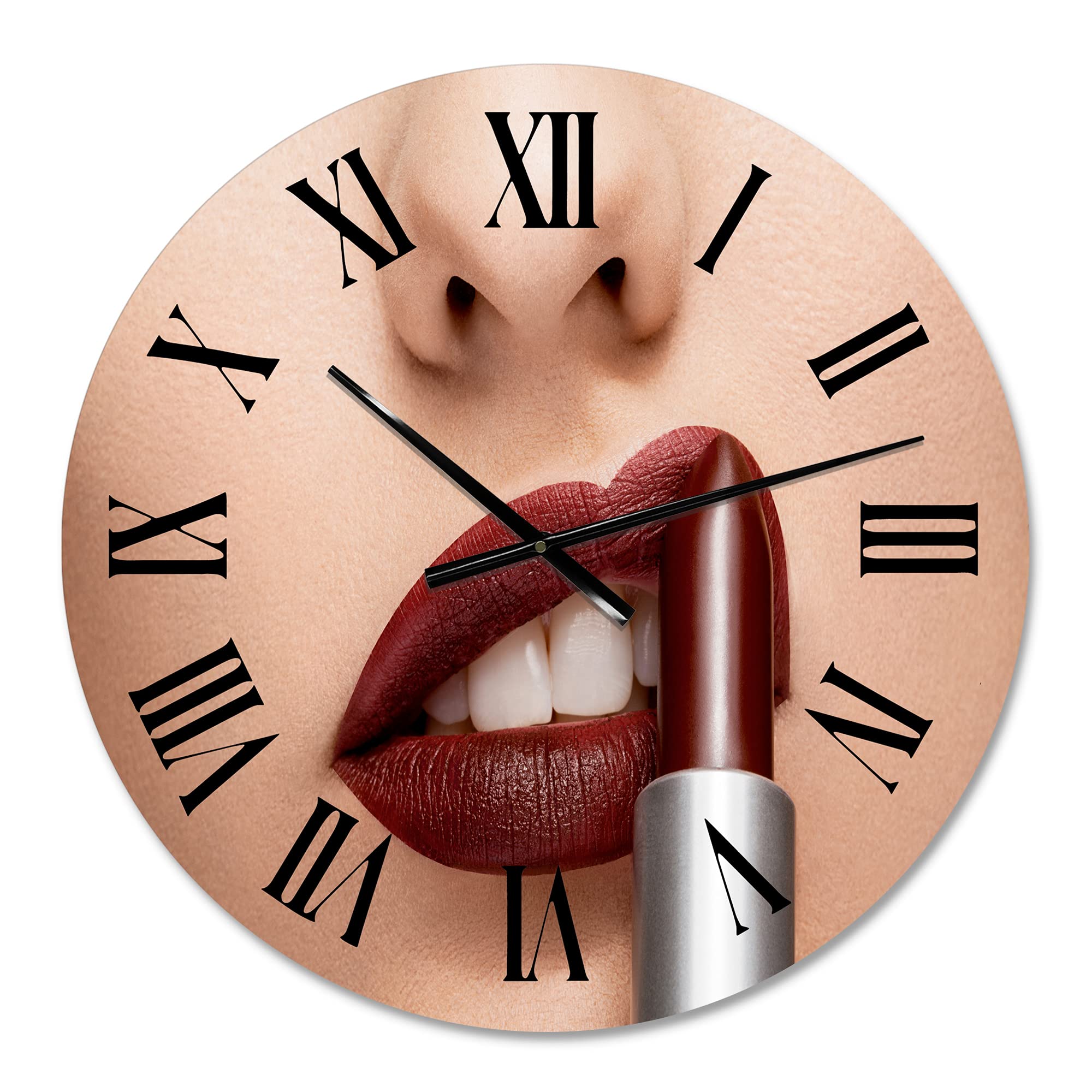 DesignQ Modern Large Wall Clock - 'Woman Applying Red Lipstick' Art Decor for Kitchen, Living Room, Bedroom & Office | Silent Non-Ticking Battery Operated Clock
