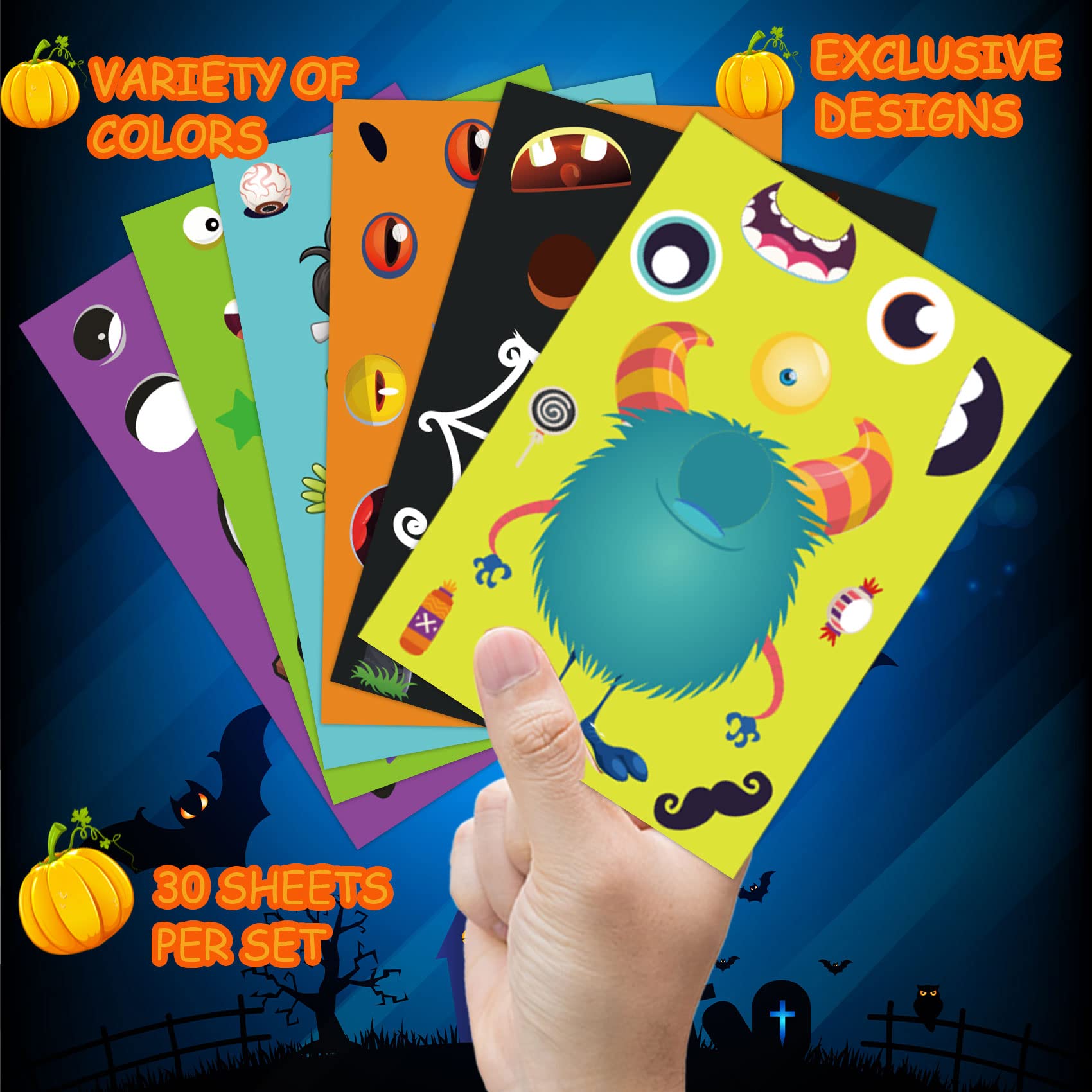 Funnlot Halloween Stickers 30PCS for Kids - DIY Jack-O-Lantern Face Stickers for Classroom & Party