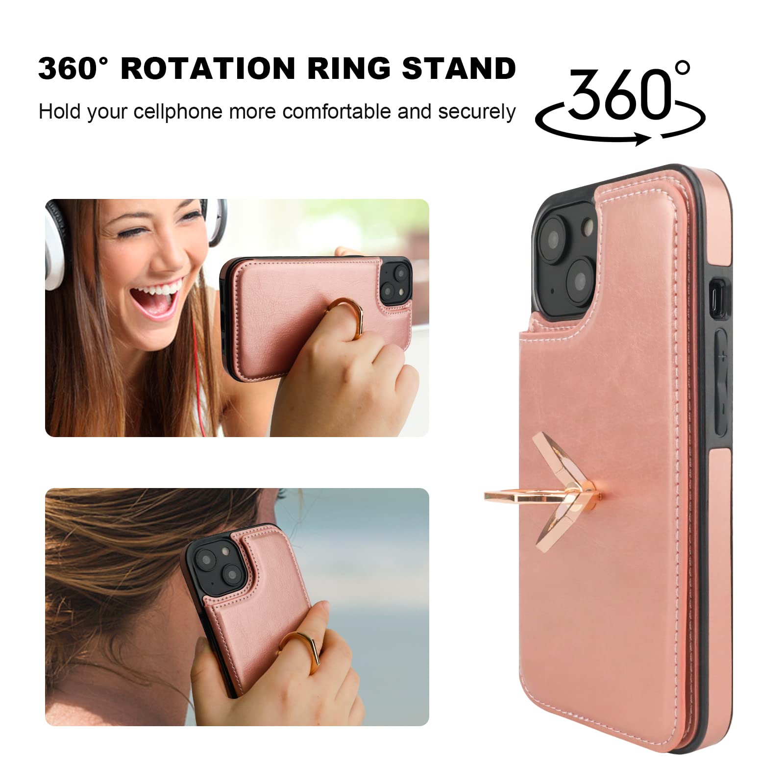 Premium 360° Rotating Ring Kickstand iPhone 15 Wallet Case with RFID Blocking - PU Leather Magnetic Clasp Shockproof Cover for Women (6.1