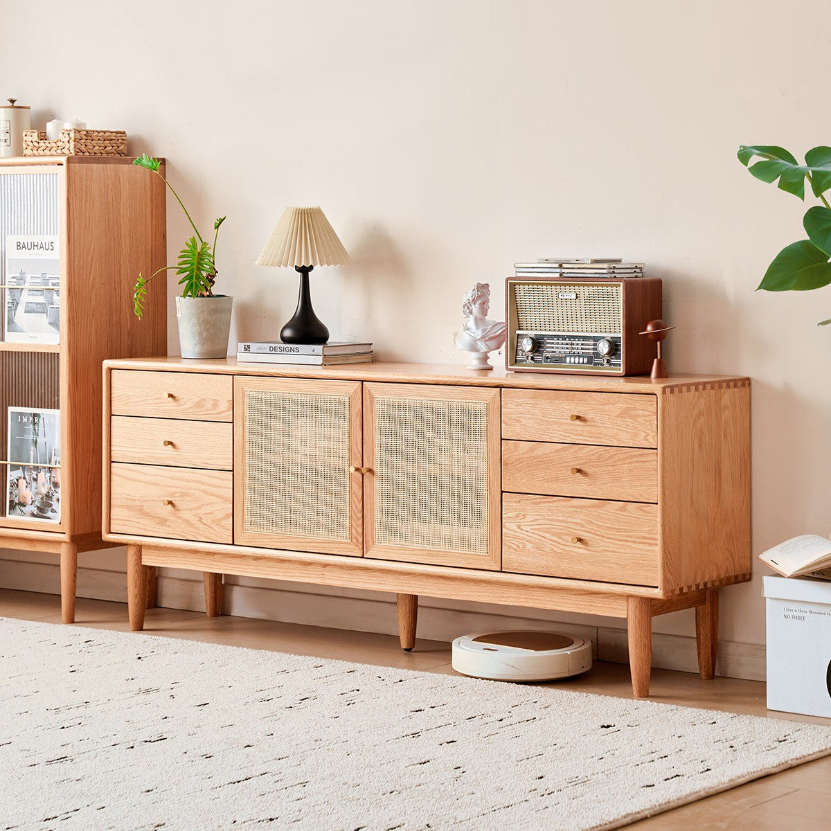 Modern Oak Solid Wood Rattan TV Stand with Storage - Entertainment Center for Living Room, Bedroom & Home Theater Setup