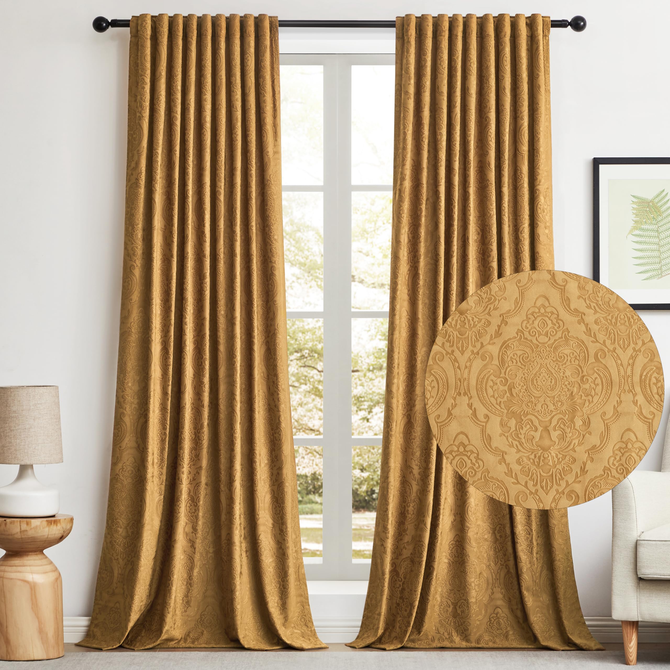 GIGIZAZA 108 Inch Brown Gold Velvet Curtains - 2 Panels Luxury Boho Drapes with Flower Embossed Design, Blackout Thermal Insulated Window Curtains for Living Room & Bedroom - Perfect for Home Theater, Nursery, and Noise Reduction