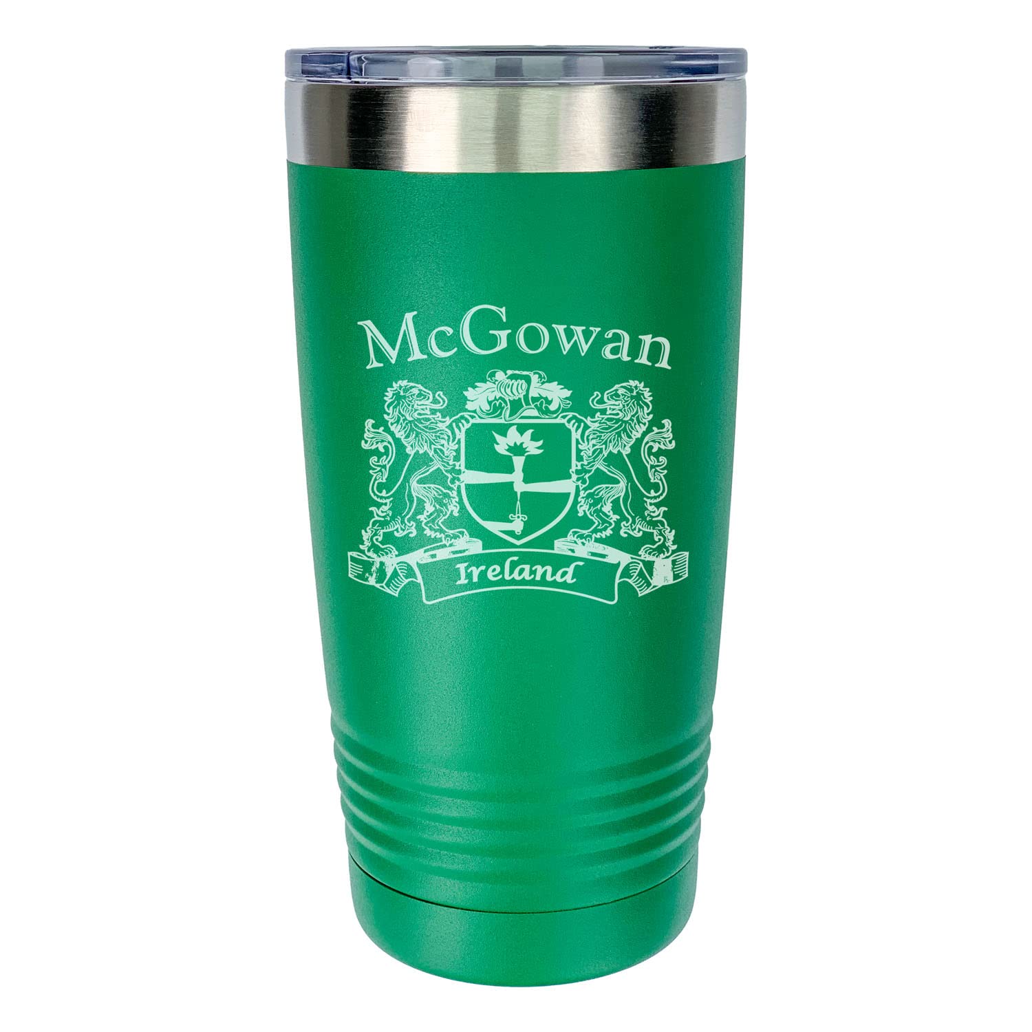 McGowan Irish Coat of Arms Stainless Steel Green Travel Tumbler - 20oz Insulated Cup for Hot & Cold Drinks - Perfect for Coffee, Tea, Hiking, Camping & Office Use
