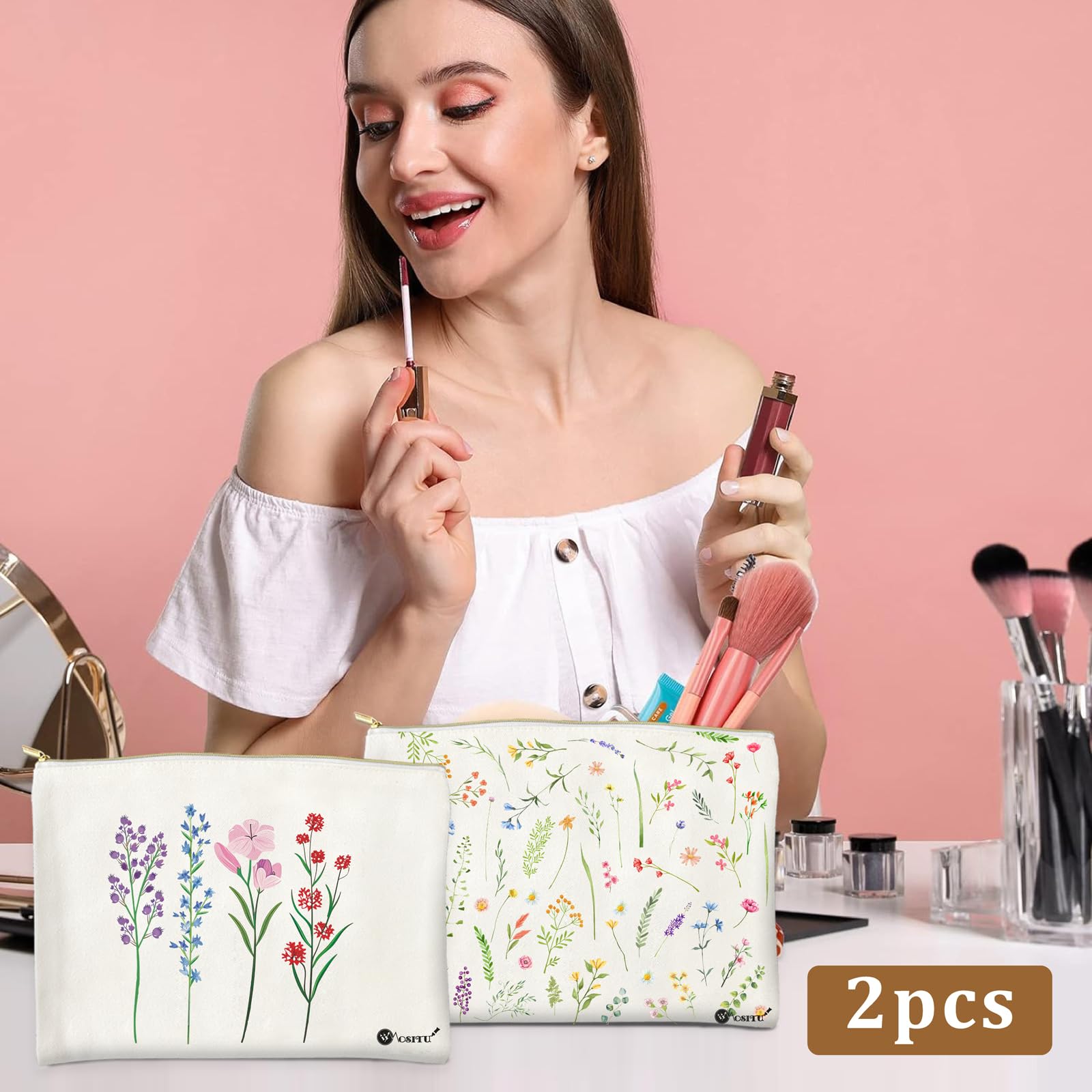 Floral Makeup Bag for Women - Aesthetic Flower Canvas Cosmetic Pouch with Zipper | Small Travel Toiletry Organizer | Perfect Gift for Her, Wildflowers Design | Great for Daily Use, Travel, and Makeup Storage
