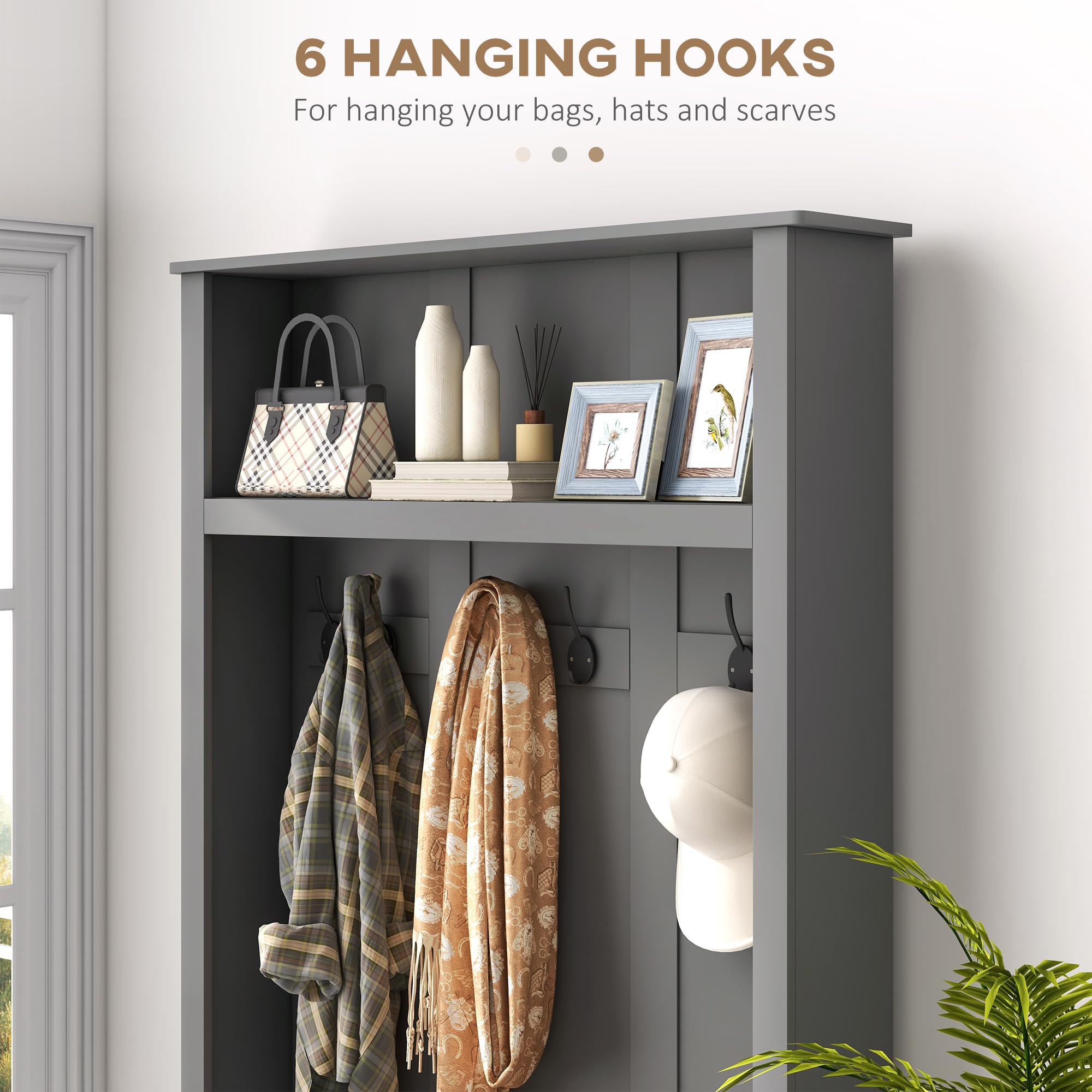 HOMCOM Entryway Bench with Storage & Hooks - Hall Tree Coat Rack, Shoe Storage Cabinet & Shelf - Mudroom Bench for Hallway, Living Room & Entryway Organization - Gray