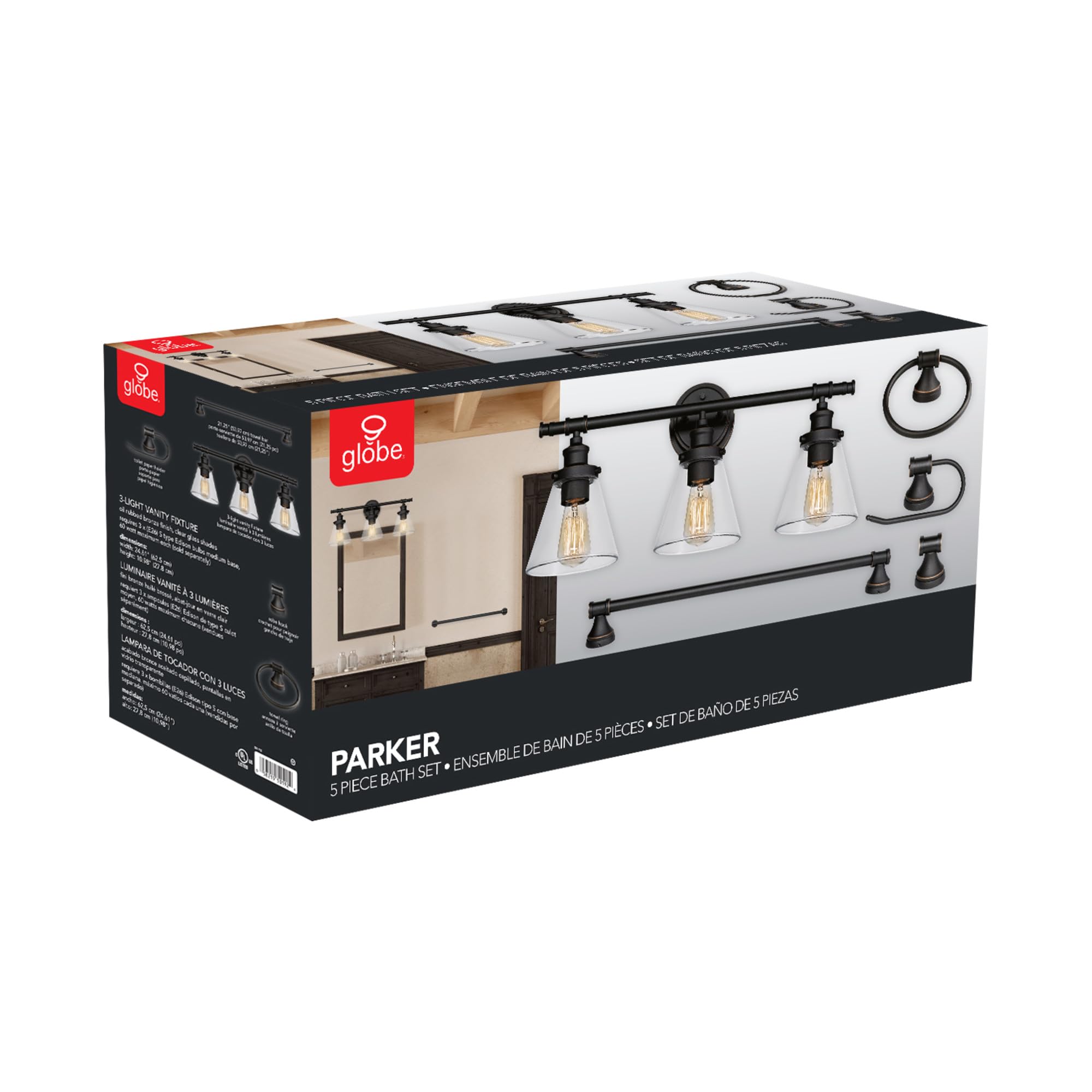 Globe Electric 50192 Parker 5-Piece Bathroom Set - Oil Rubbed Bronze Vanity Light with Clear Glass Shades, Towel Bar, Ring, Robe Hook & Toilet Paper Holder | Perfect for Modern Bathroom Decor & Spa-Like Atmosphere
