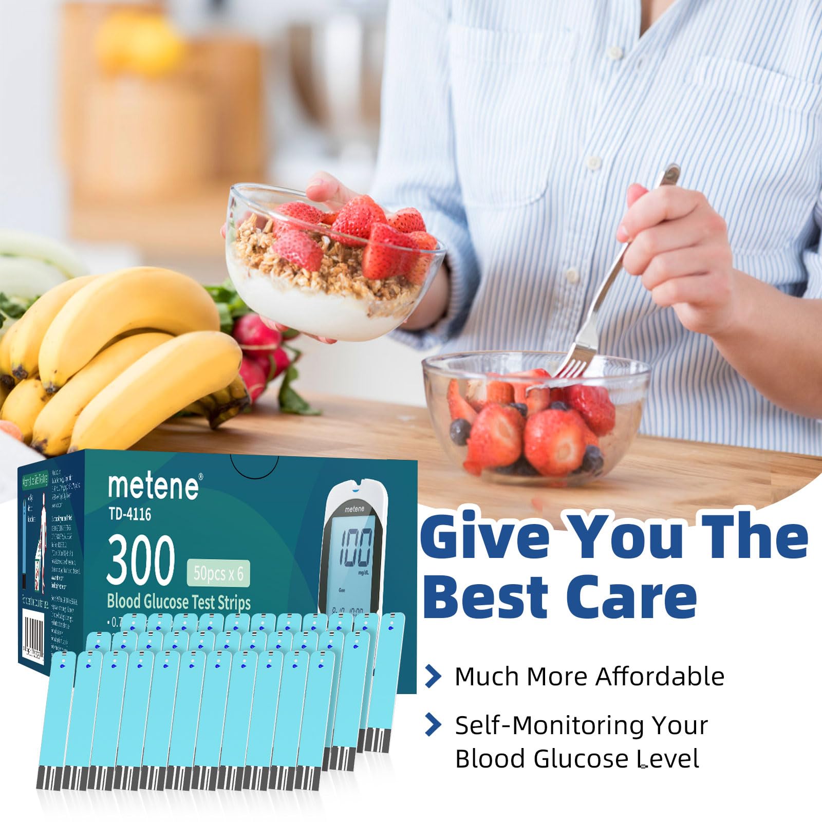 Metene TD 4116 Blood Glucose Test Strips - 300 Count Diabetic Testing Strips for Accurate Blood Sugar Monitoring | Compatible with Metene TD 4116 Glucose Meter (No Monitor Included) | Ideal for Daily Diabetes Management at Home or Travel