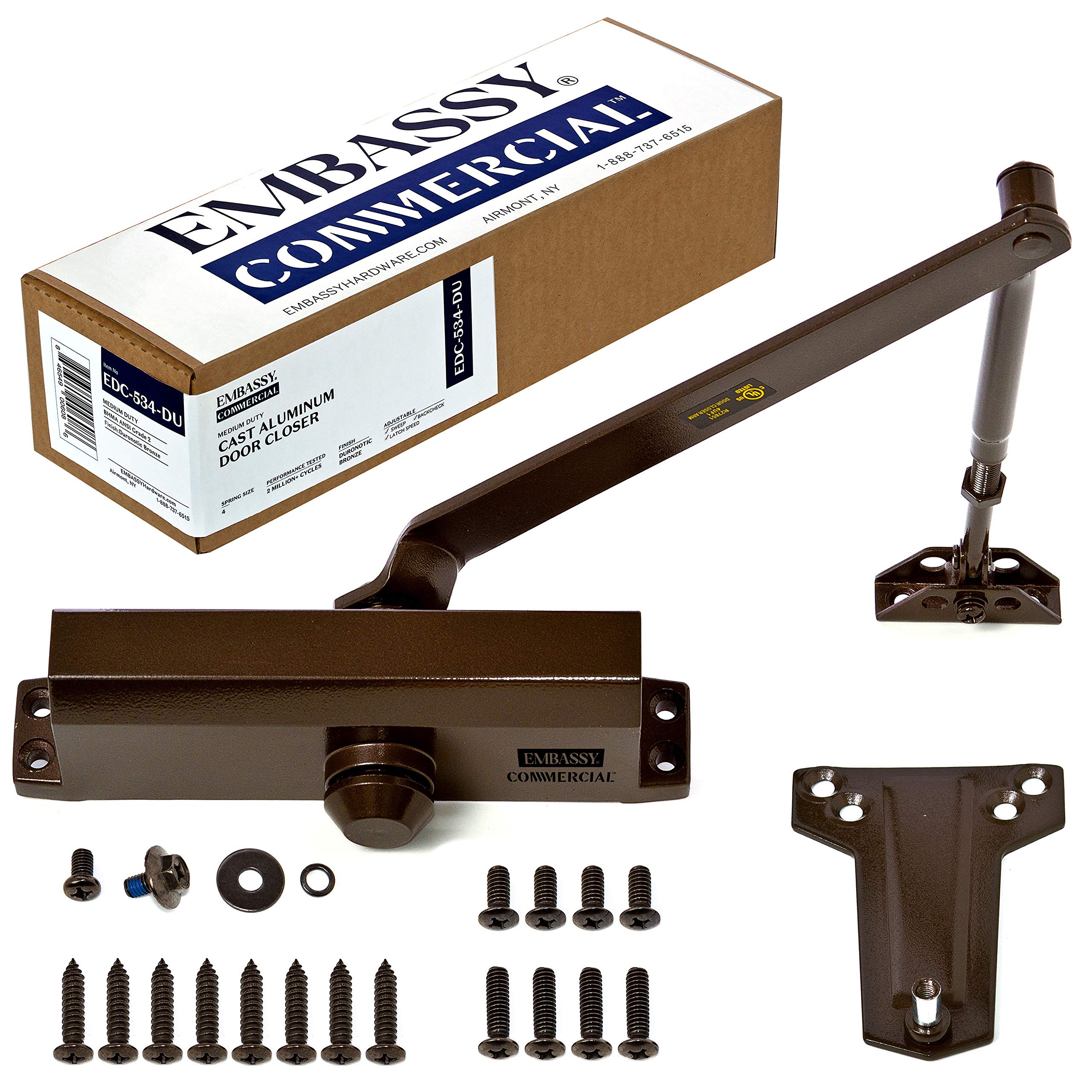 EDC534 Aluminum Door Closer - 3 Hour Fire Rated ANSI BHMA Certified #4 Power Size for Residential & Light Commercial Use (Garage to House Door) | Durable Backcheck Mechanism for Smooth Closing