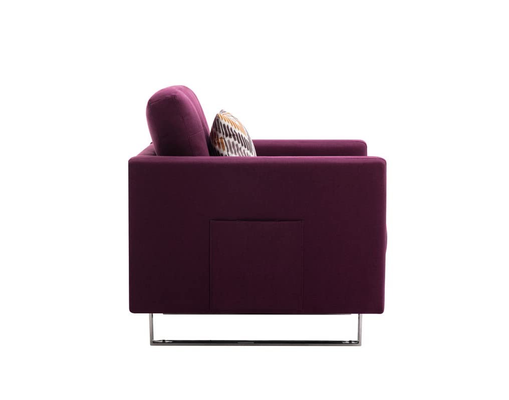Lilola Home Victoria Purple Linen Fabric Armchair with Metal Legs, Side Pockets & Pillow - Modern Living Room Accent Chair for Home Office, Lounge & Bedroom Decor