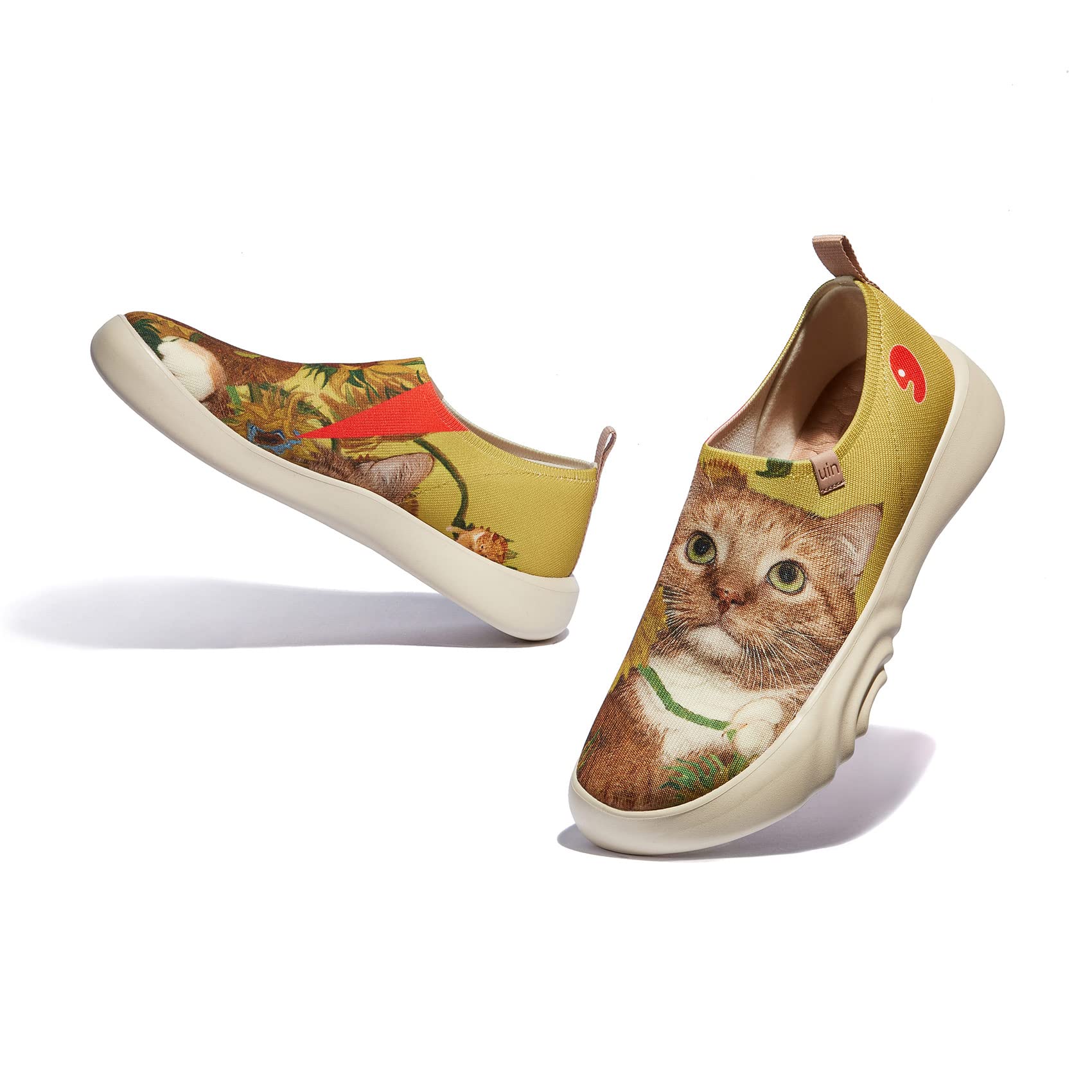 UIN x FatCatArt Women's Fashion Sneakers - Lightweight Slip-On Walking Shoes with Sunflower & Cat Design | Size 9.5 | Perfect for Travel, Casual Wear & Art Lovers