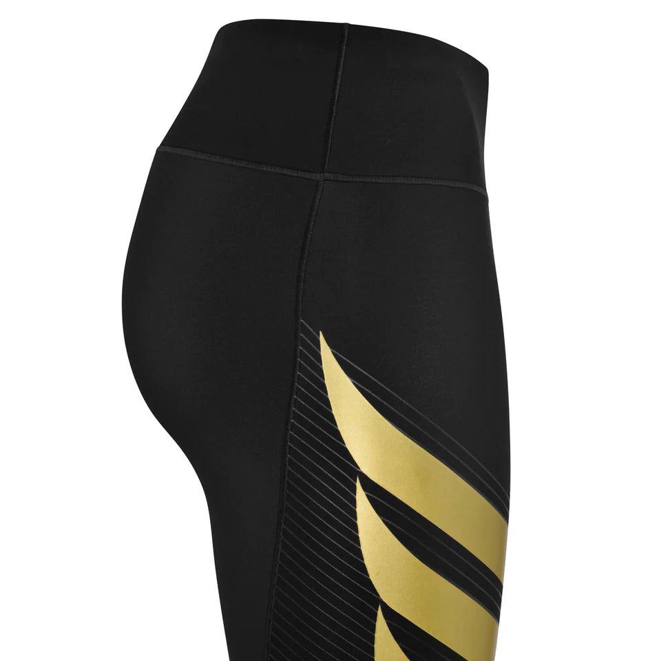 Pressio Women's Power Tight Mid Rise Workout Leggings - Black/Gold - High Waisted Yoga Pants for Running, Gym & Fitness Training