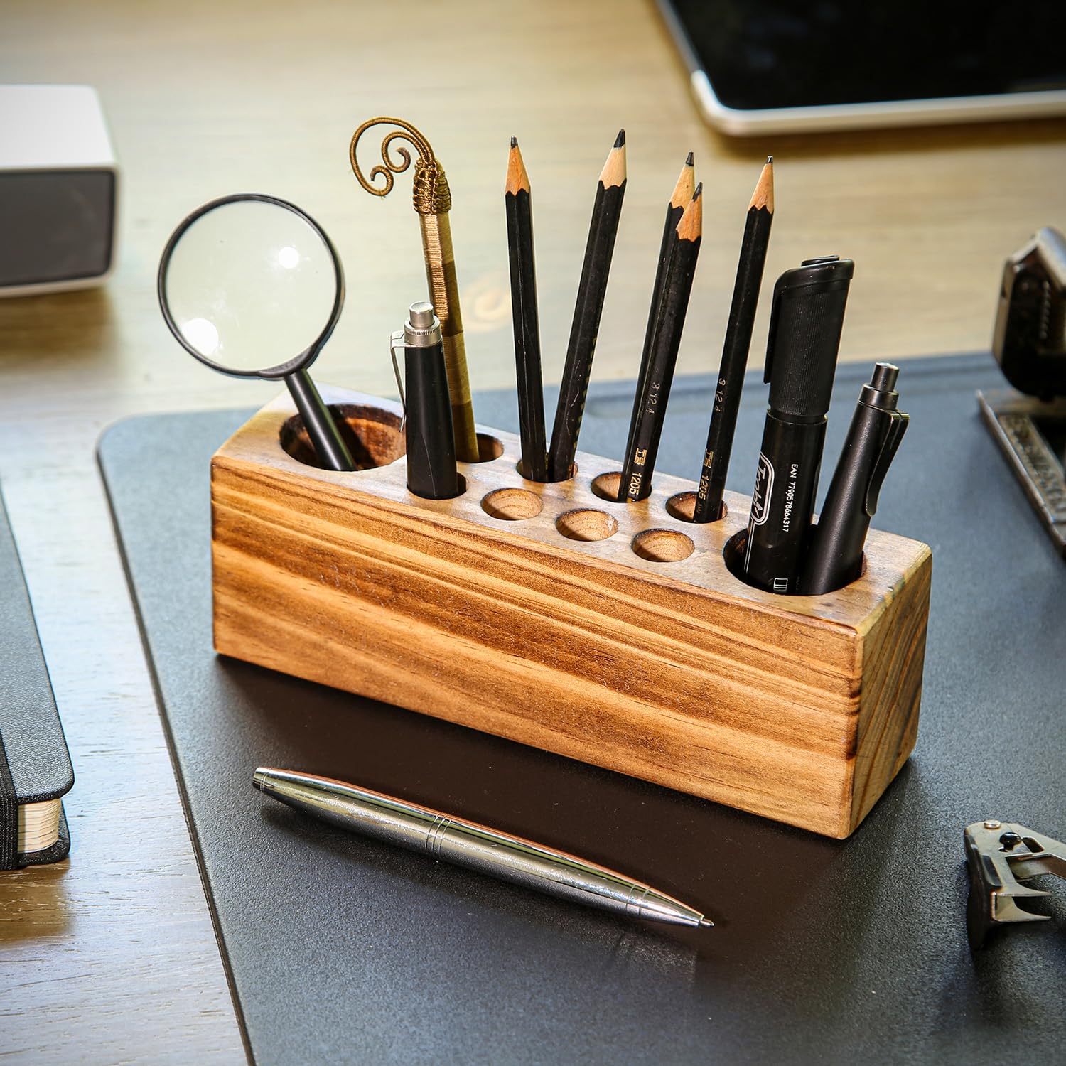 Premium Solid Wood Pen Holder for Desk - Eco-Friendly Fountain Pen Organizer - Sustainable Stylish Wooden Desk Accessory for Office, Home & School Use