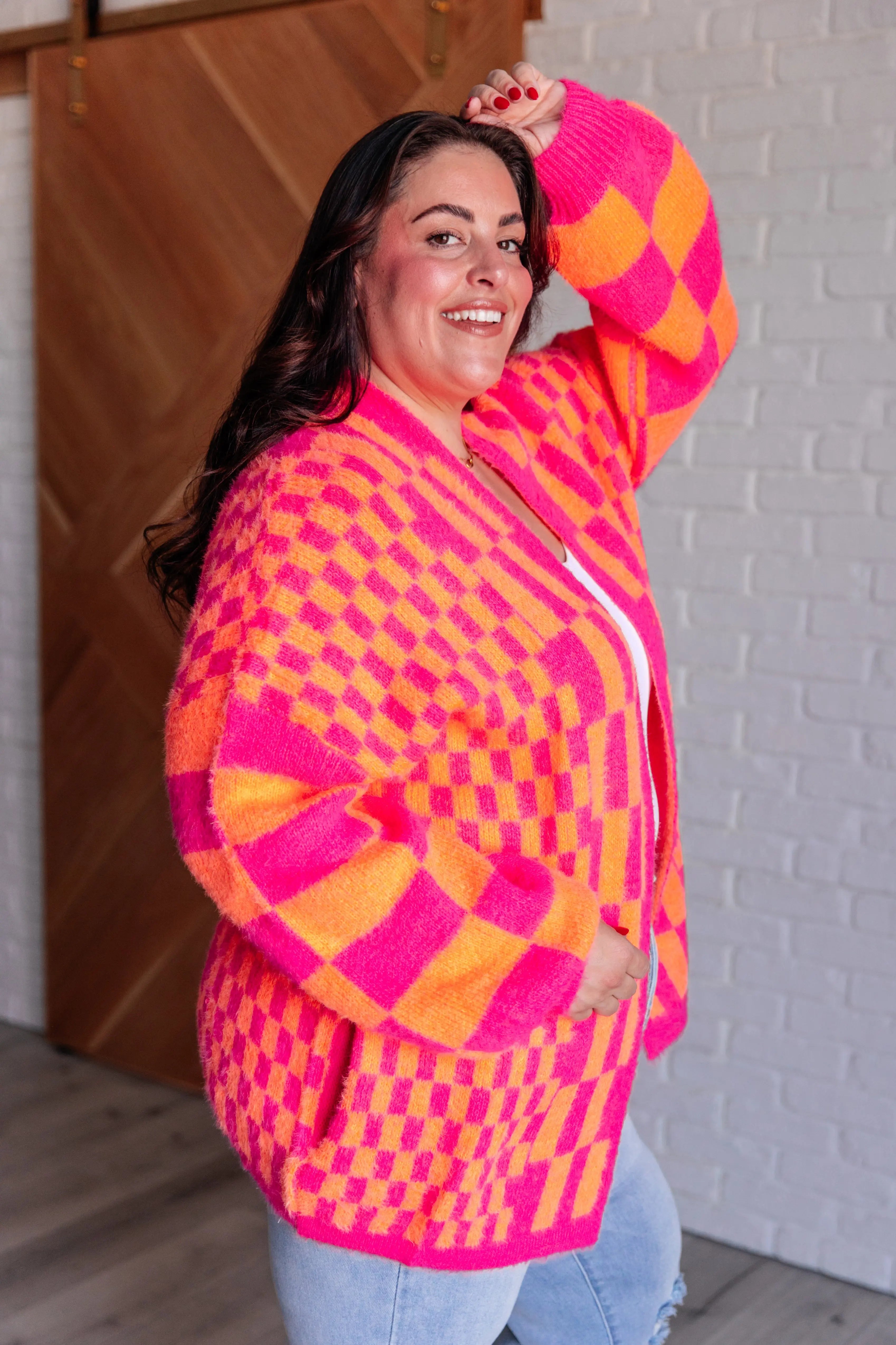 Trendy Pink and Orange Neon Checkered Cardigan for Women - Stylish Retro 90s Vintage Knit Sweater - Perfect for Casual Outfits, Streetwear Fashion, and Instagram Photos