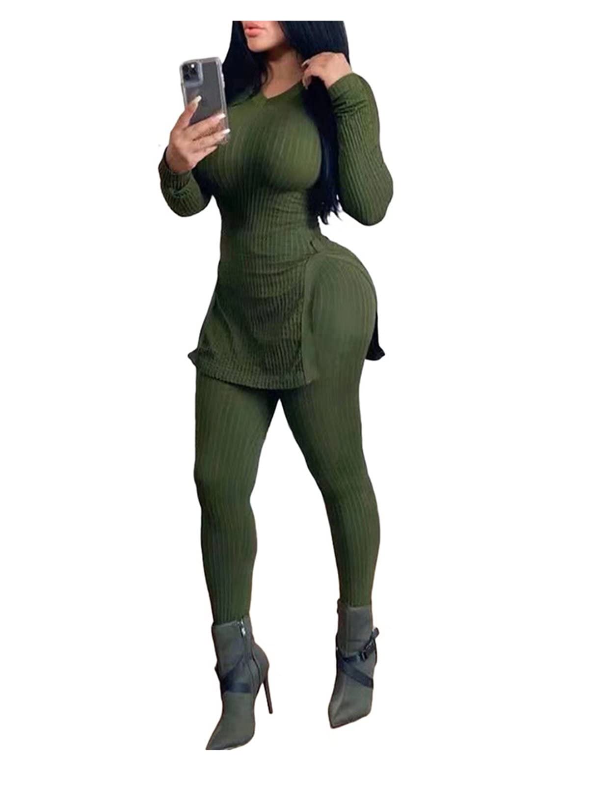 OLUOLIN Women's Ribbed Knit Two Piece Outfit - Long Sleeve Top & Pants Set, Solid Color Tracksuit for Casual Wear, Loungewear & Street Fashion