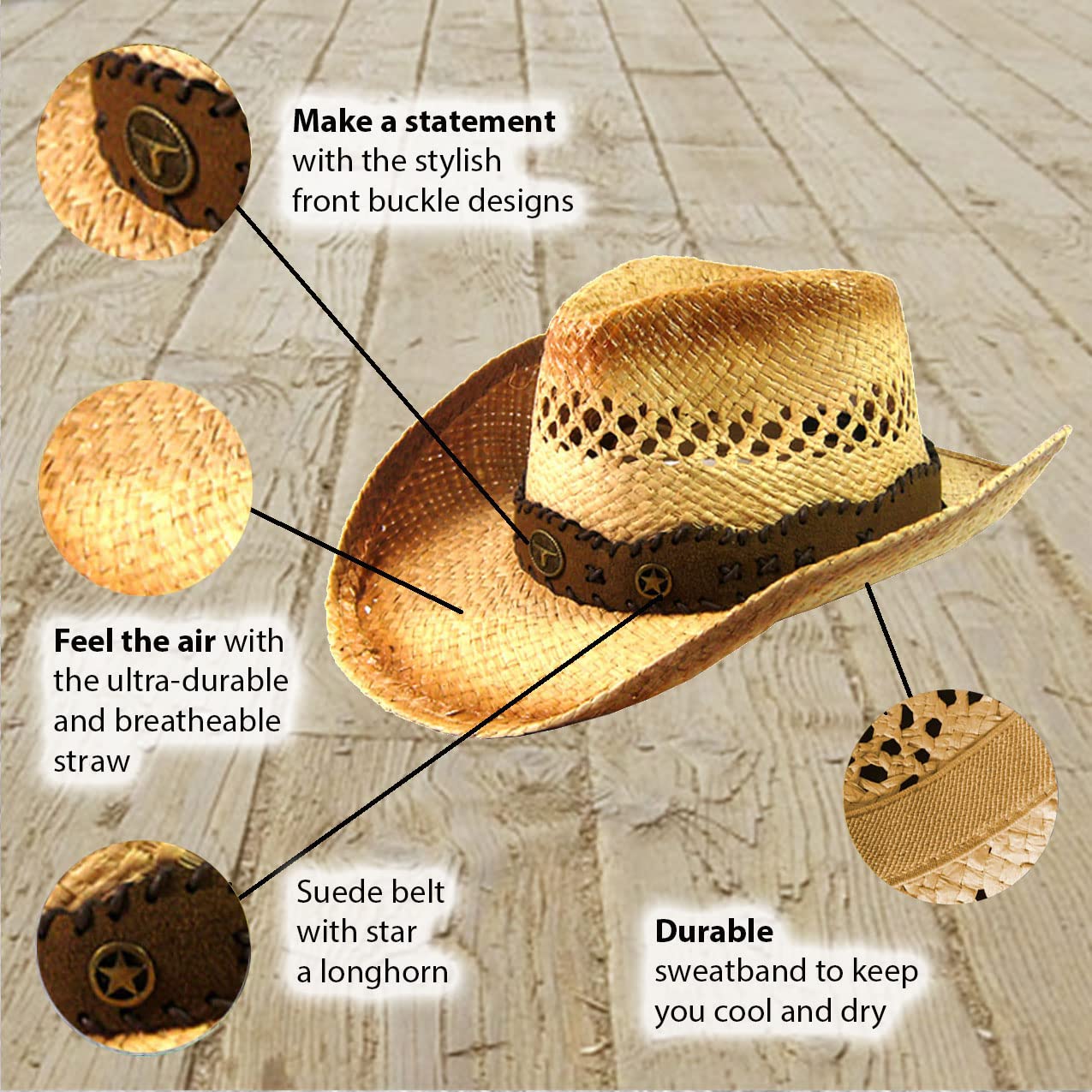 Classic Western Straw Cowboy Hat for Men & Women - Sun Protection Cowgirl Hat with Wide Brim - Perfect for Rodeo, Country Music Festivals & Outdoor Adventures